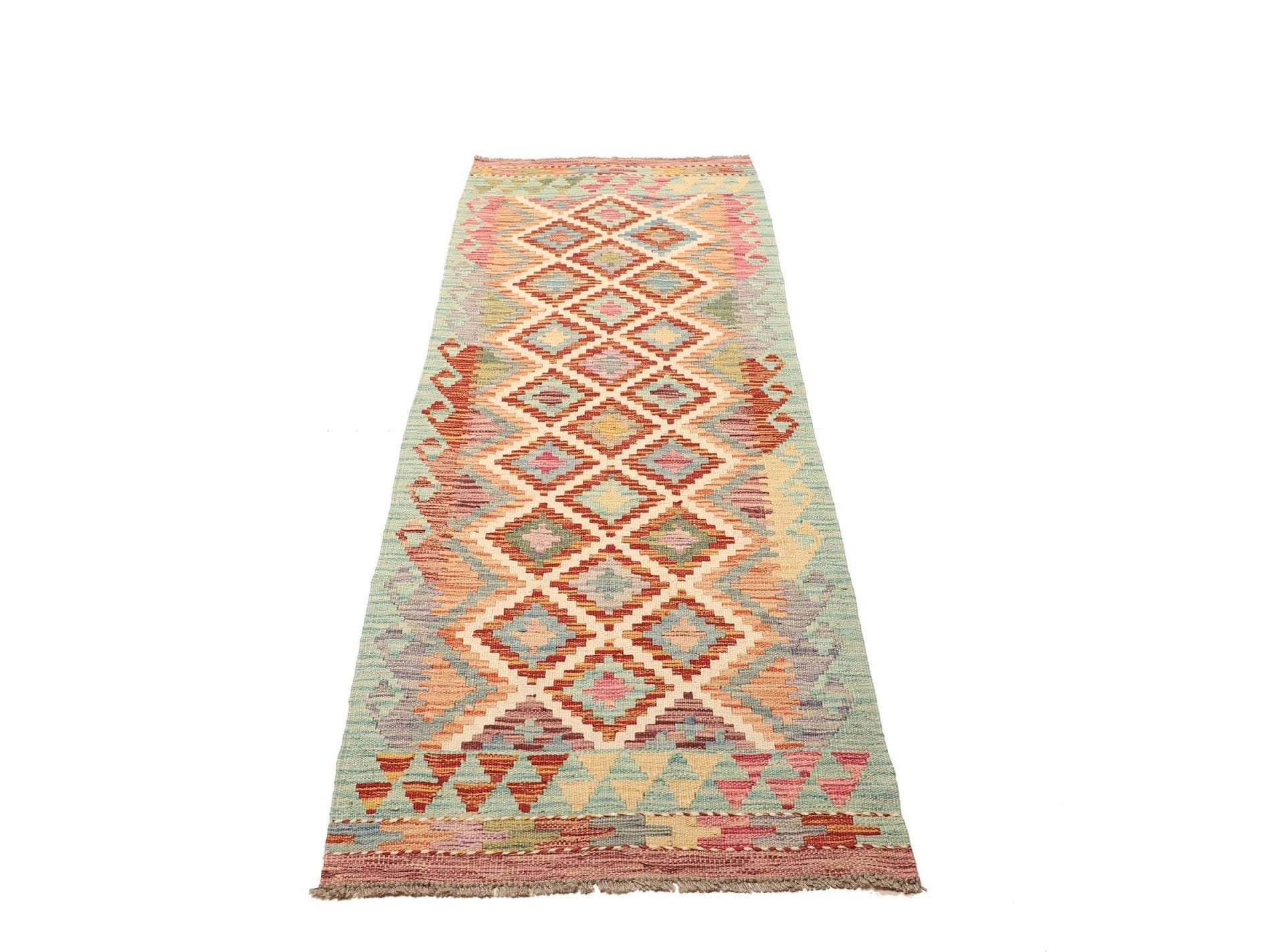 Kelim Teppich 68 x 190 cm aus Schurwolle, handgewebt, rustikal