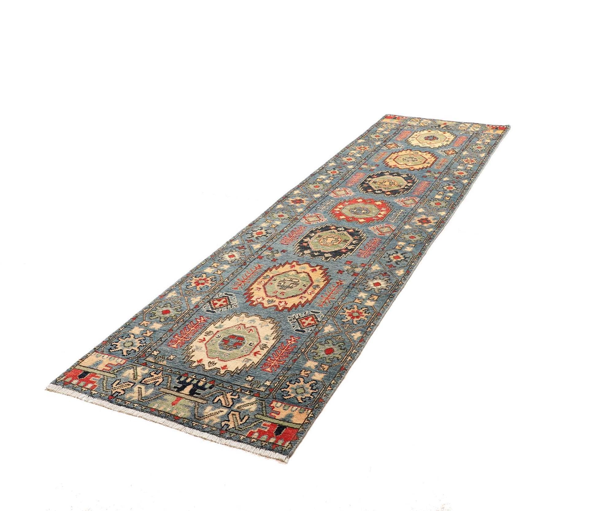 Kazak Teppich 90 x 303 cm, geometrische Muster, handgeknüpft