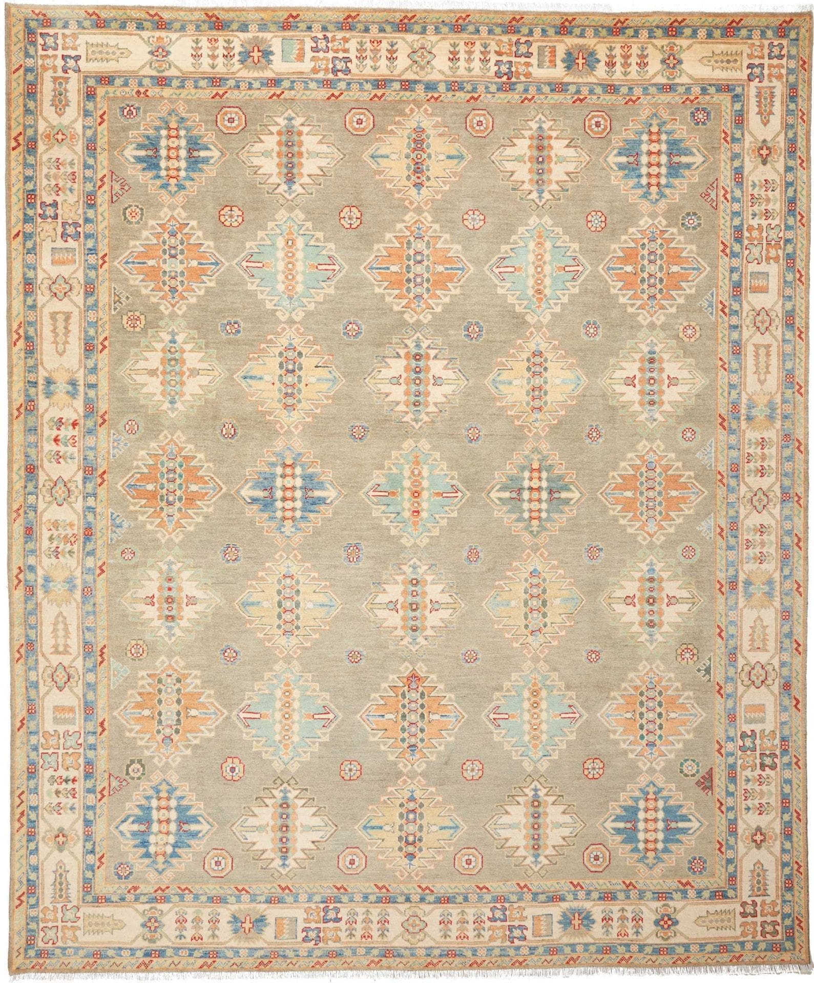 Kazak Orientteppich 251 x 296 cm mit geometrischen Mustern, handgeknüpft