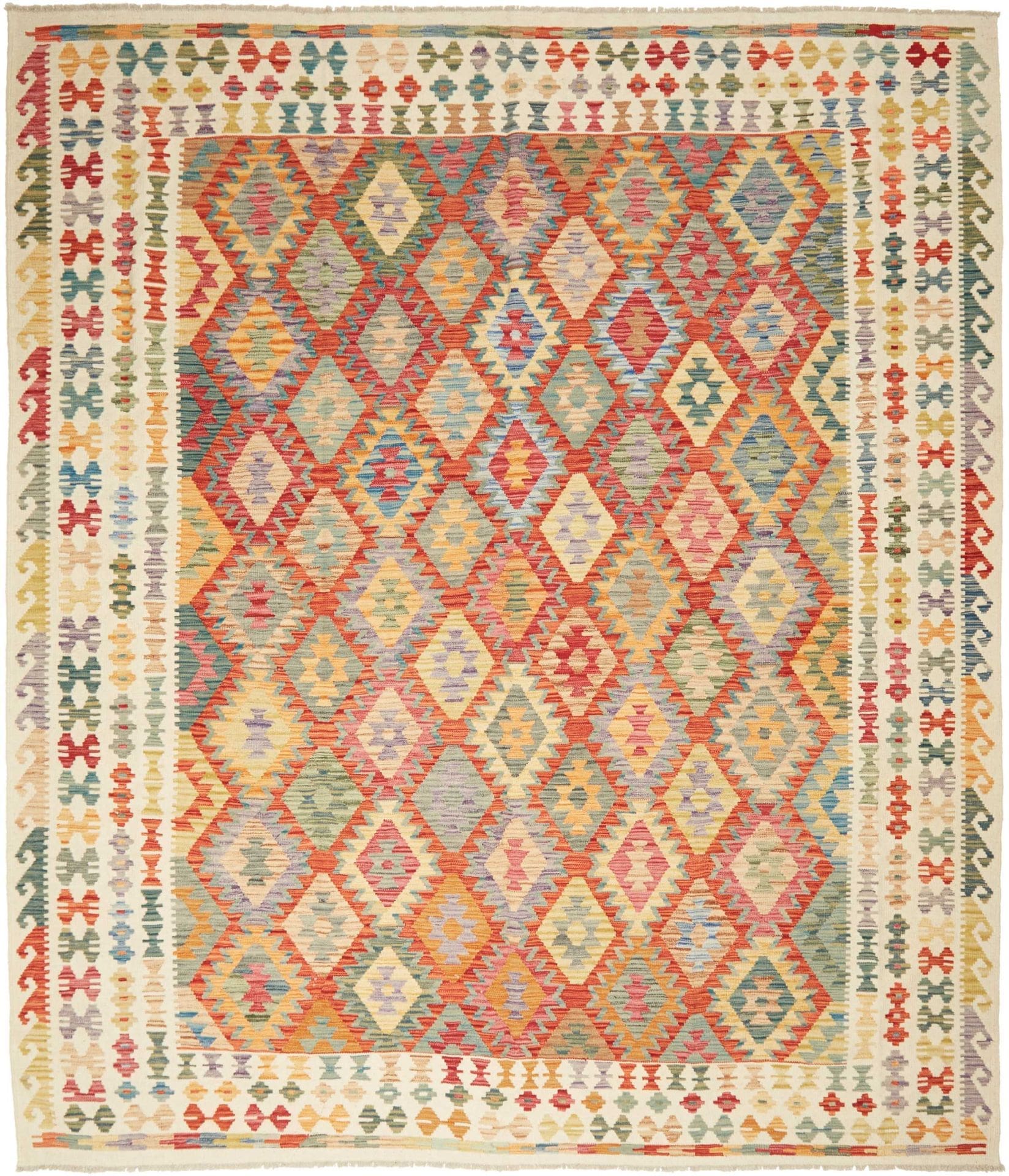 (Verkauft) Kelim Teppich 264 x 299cm aus Schurwolle, handgewebt, rustikal