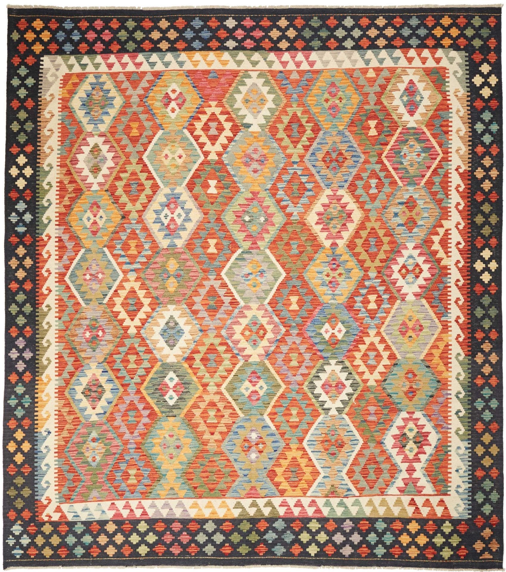 (Verkauft) Kelim Teppich 268 x 296 cm, handgewebt, rustikales Flair, Wolle