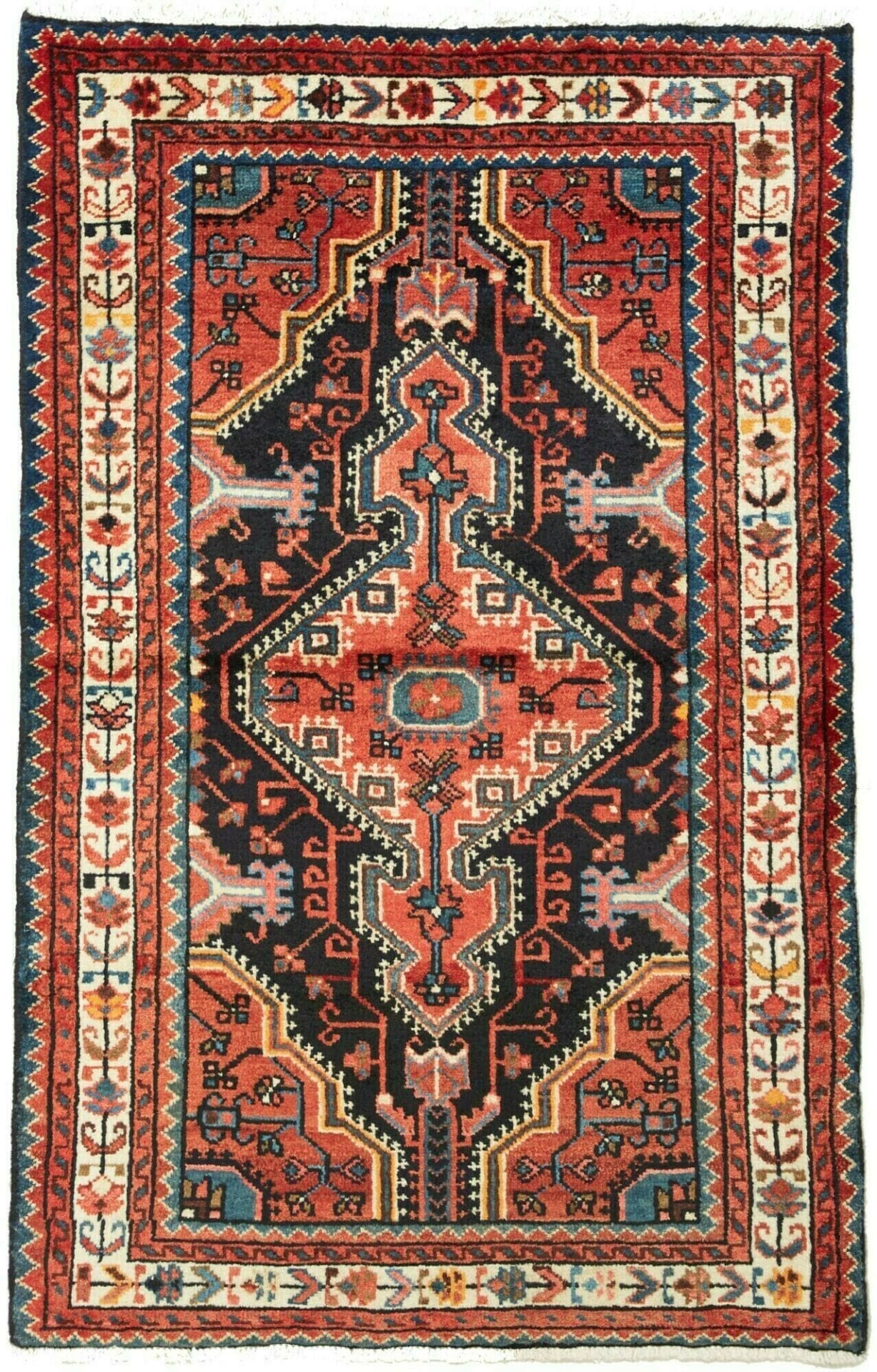 Hamadan Teppich 85 x 130 cm, Schurwolle, geometrisches Muster, handgeknüpft