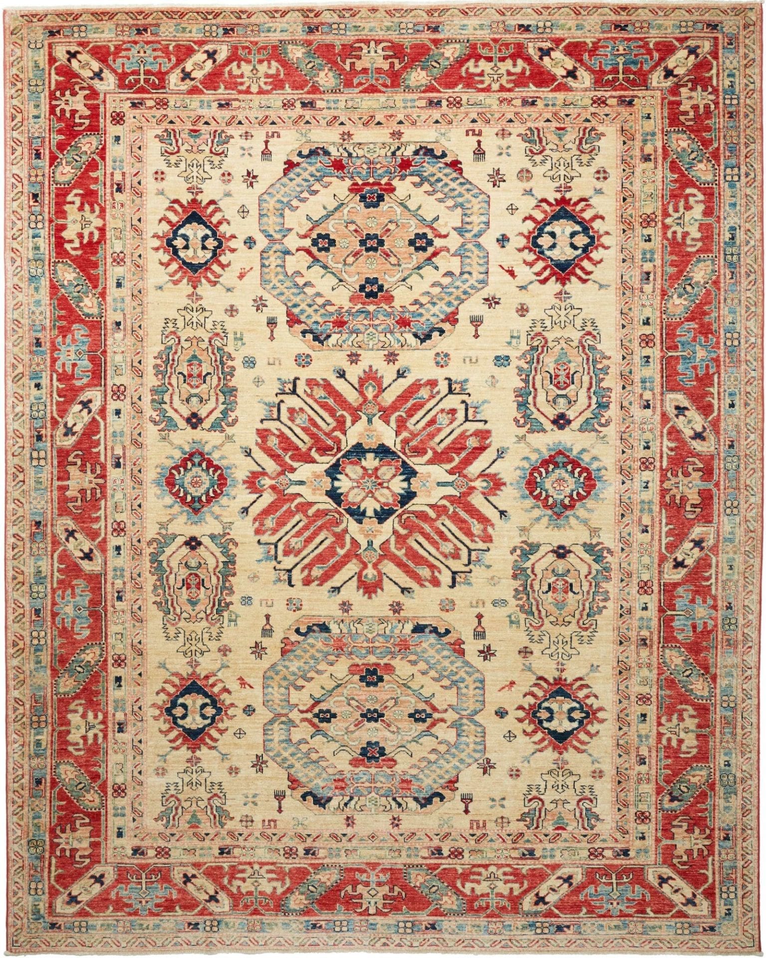 Kazak Teppich 245 x 298 cm, geometrisches Muster, handgeknüpft