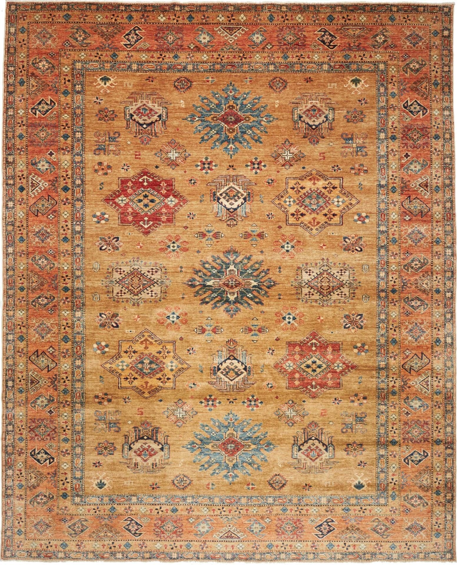Kazak Teppich 253 x 307 cm, Schurwolle, geometrische Muster, handgeknüpft
