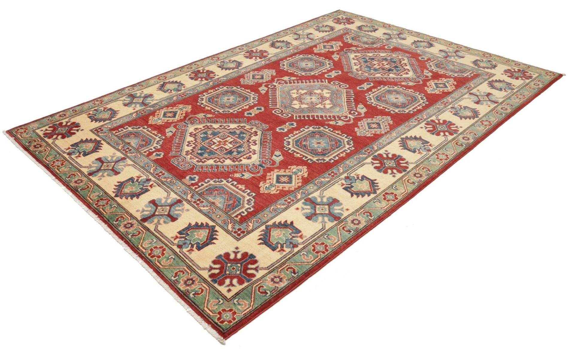 Kazak Orientteppich 187 x 273 cm, geometrische Muster, handgeknüpft