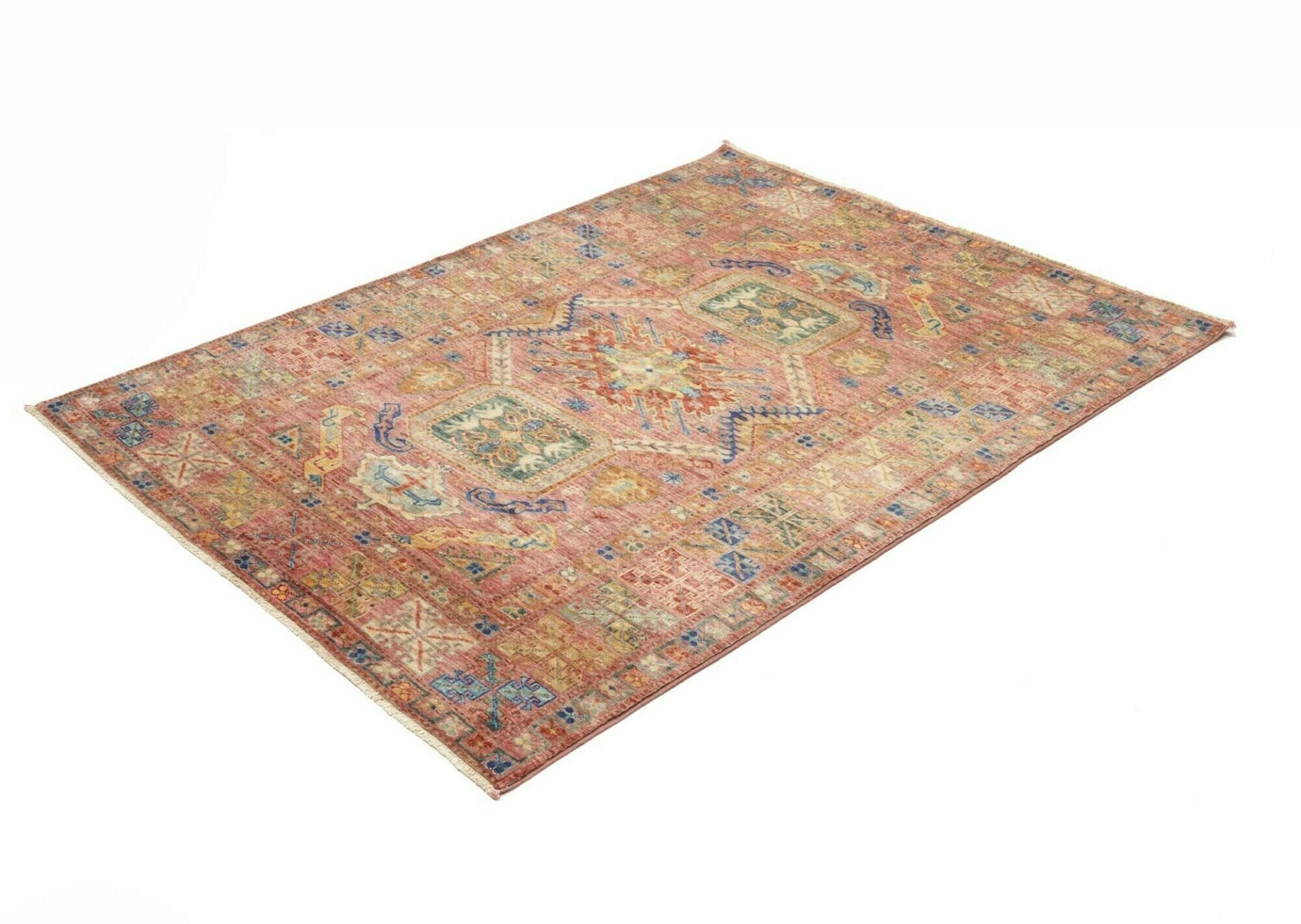 Handgeknüpfter Kazak Teppich 132 x 168 cm, geometrische Muster, Wolle