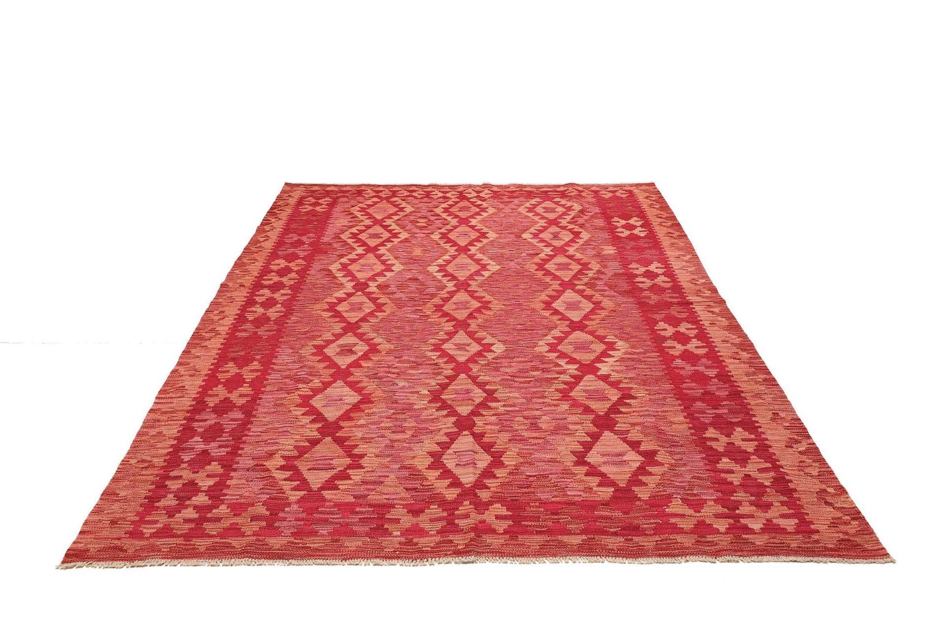 Kelim Teppich 185 x 240cm | Handgewebt aus Schurwolle, bunt