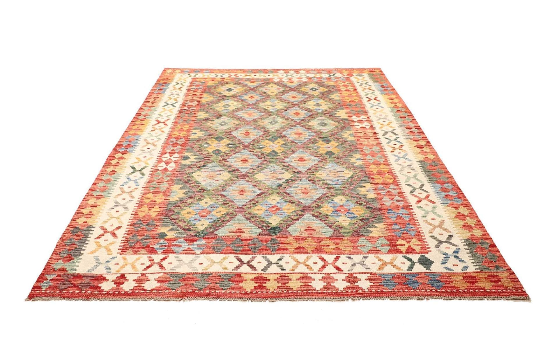 Kelim Teppich 182 x 240cm, handgewebt, rustikales Flair, Wolle