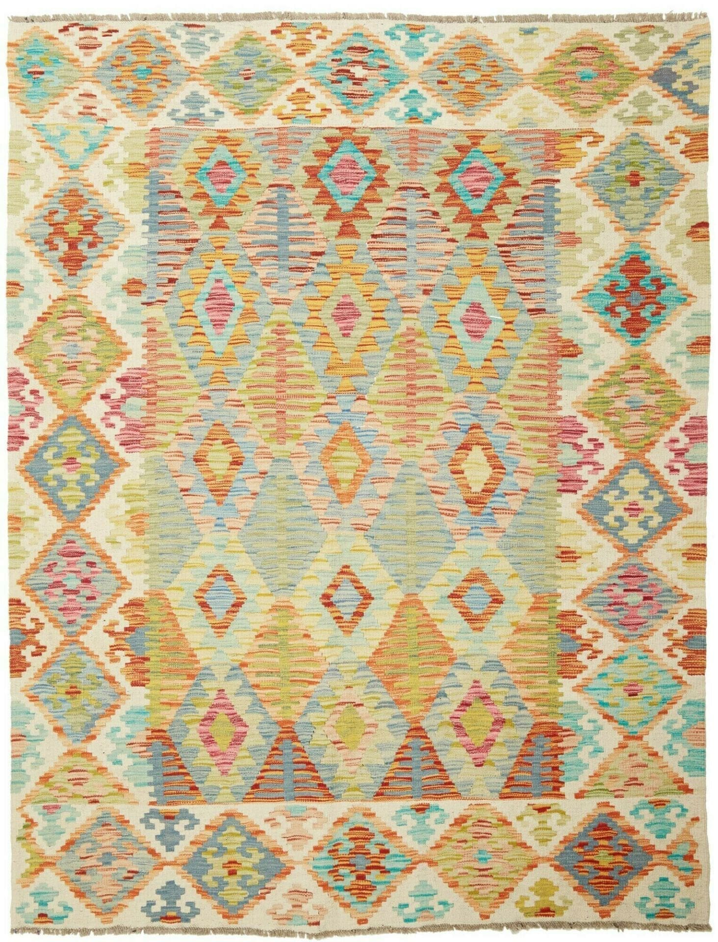 Kelim Teppich 163 x 207cm, Wolle, handgewebt, rustikales Flair