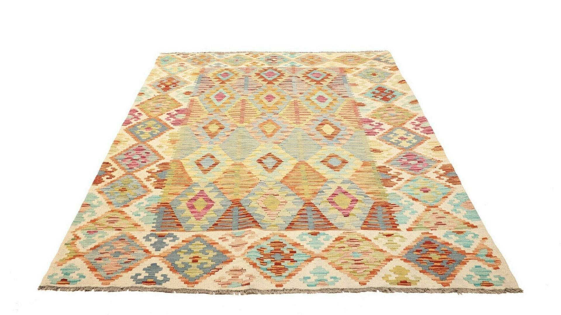 Kelim Teppich 163 x 207cm, Wolle, handgewebt, rustikales Flair