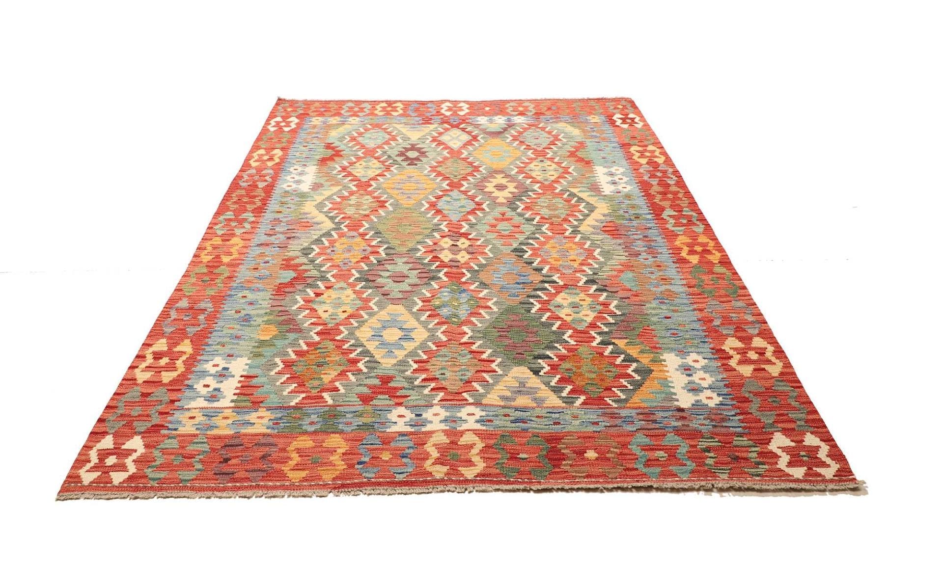 Kelim Teppich 181 x 240cm, handgewebt, rustikales Design, Wolle