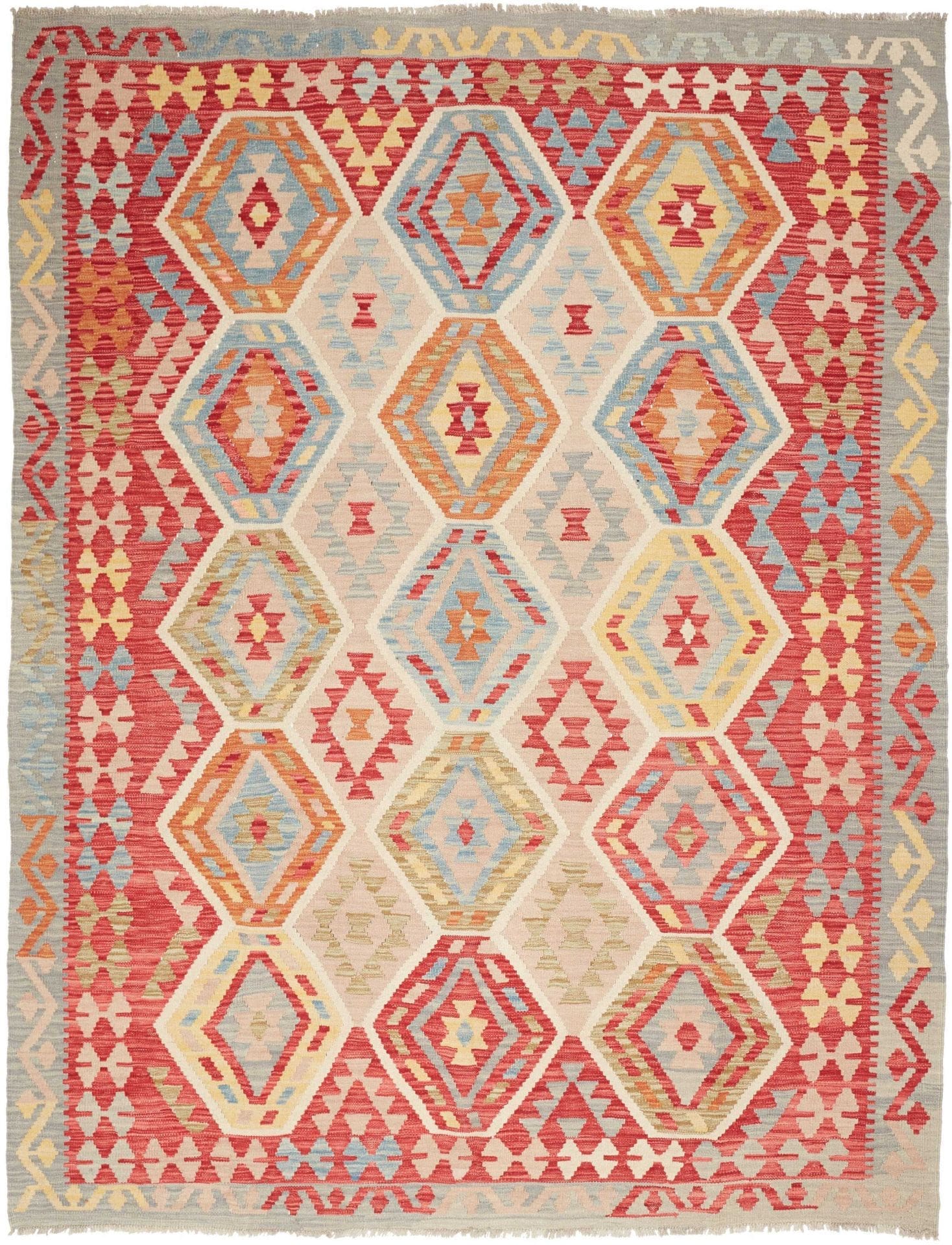 Kelim Teppich 191x239 cm, handgewebt, rustikales Design, Wolle