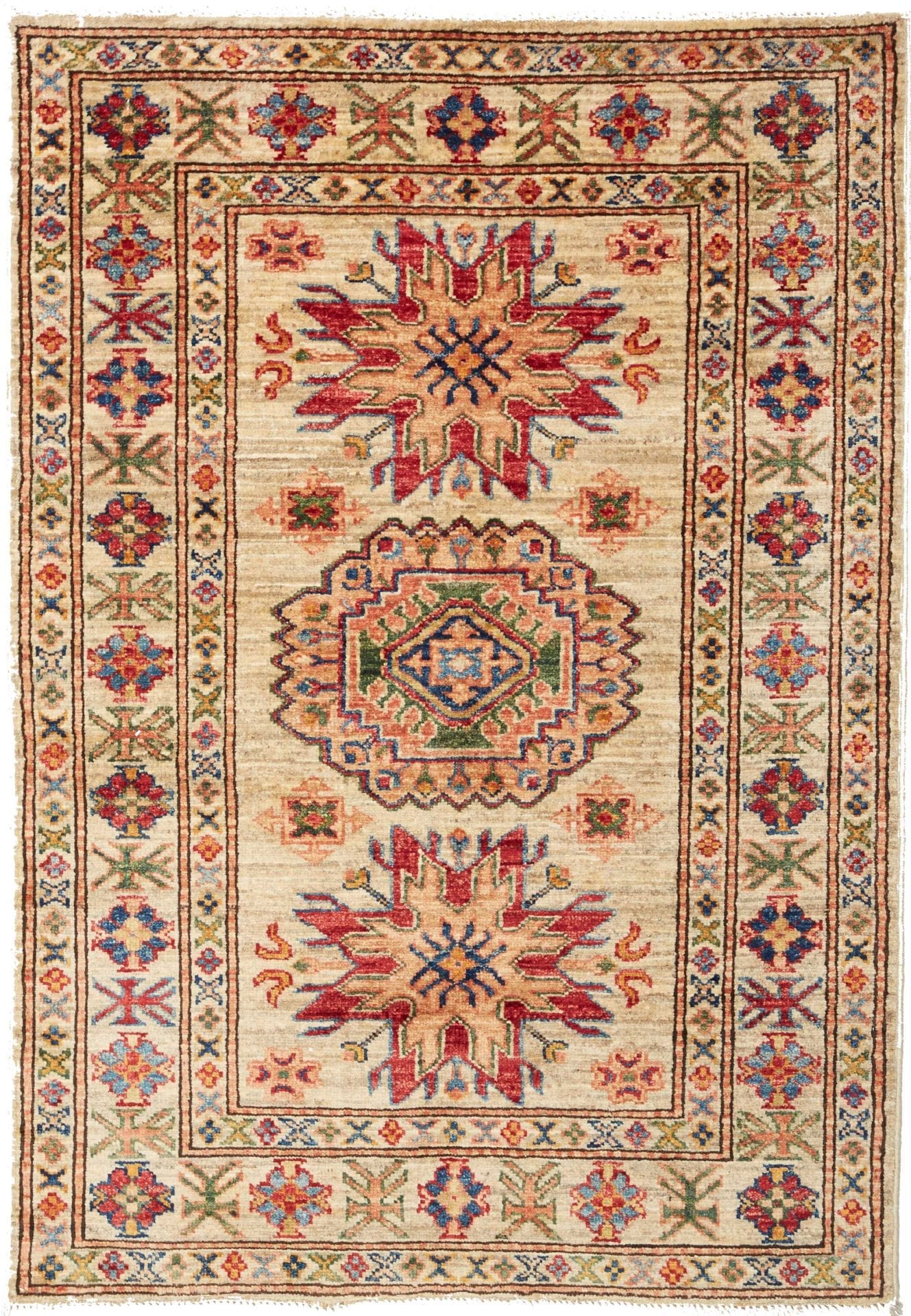 Kazak Teppich 87 x 123 cm, geometrisches Muster, handgeknüpft