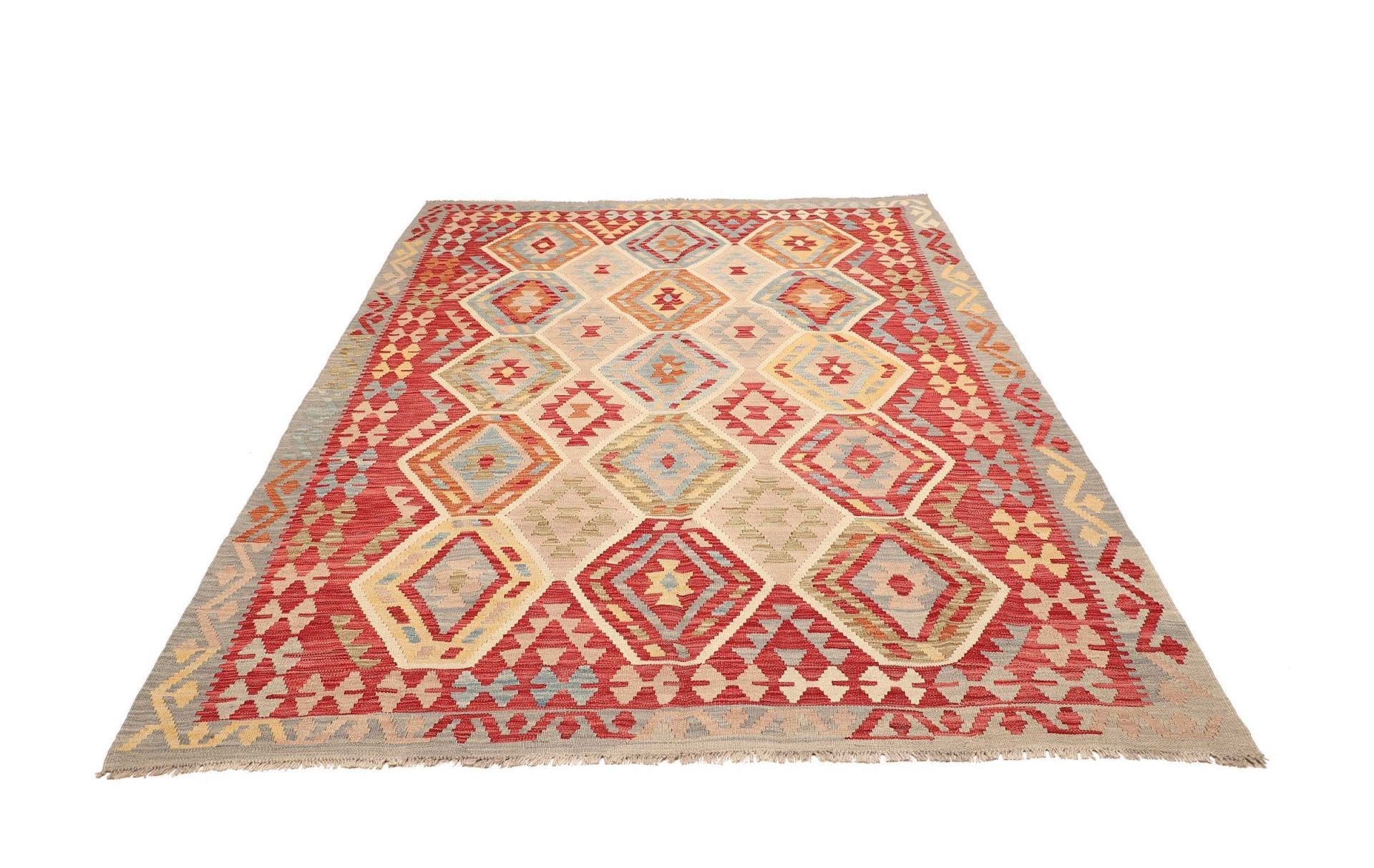 Kelim Teppich 191x239 cm, handgewebt, rustikales Design, Wolle