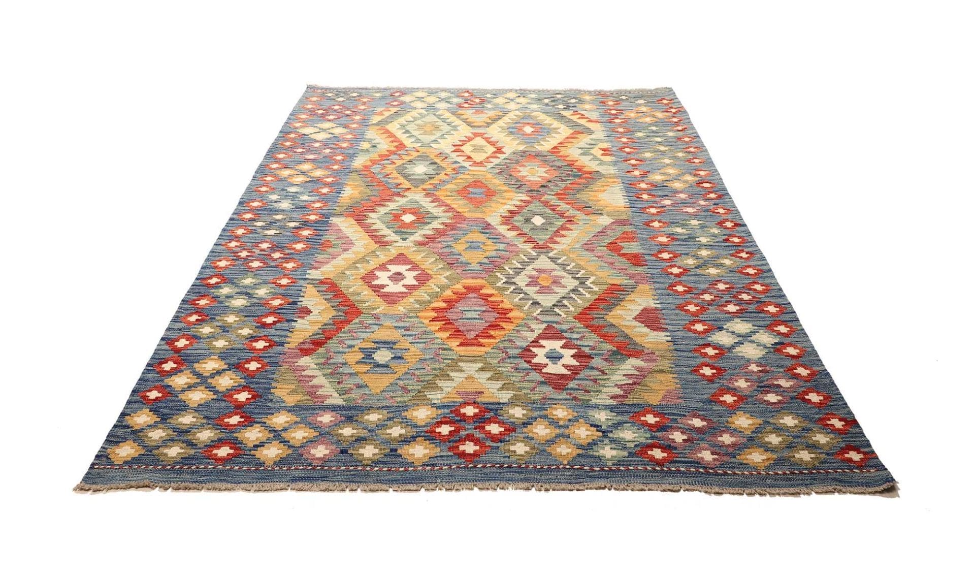 Kelim Teppich 178 x 237 cm, Schurwolle, handgewebt, rustikales Design