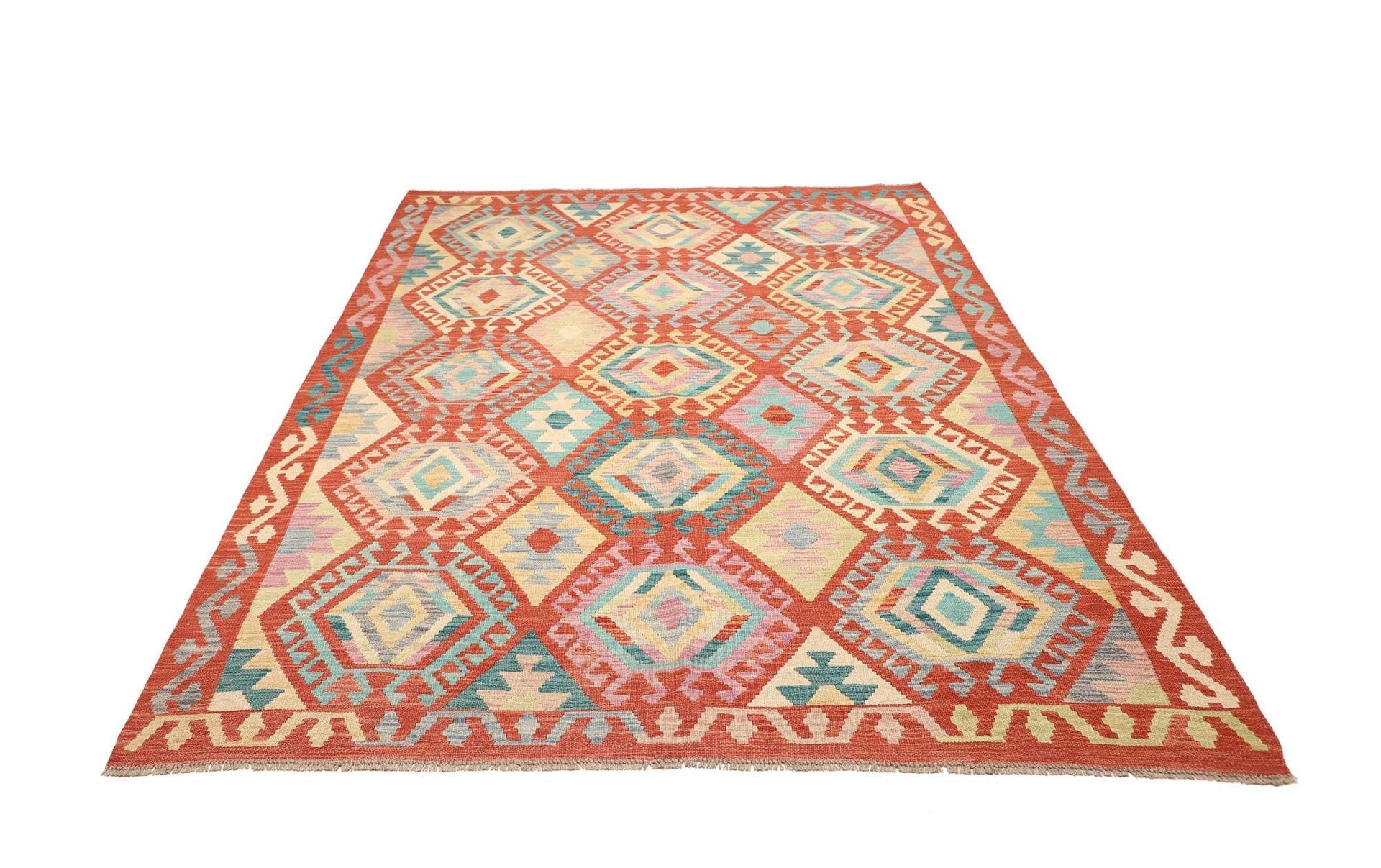 Kelim Teppich 181 x 236cm aus Schurwolle, handgewebt, rustikal