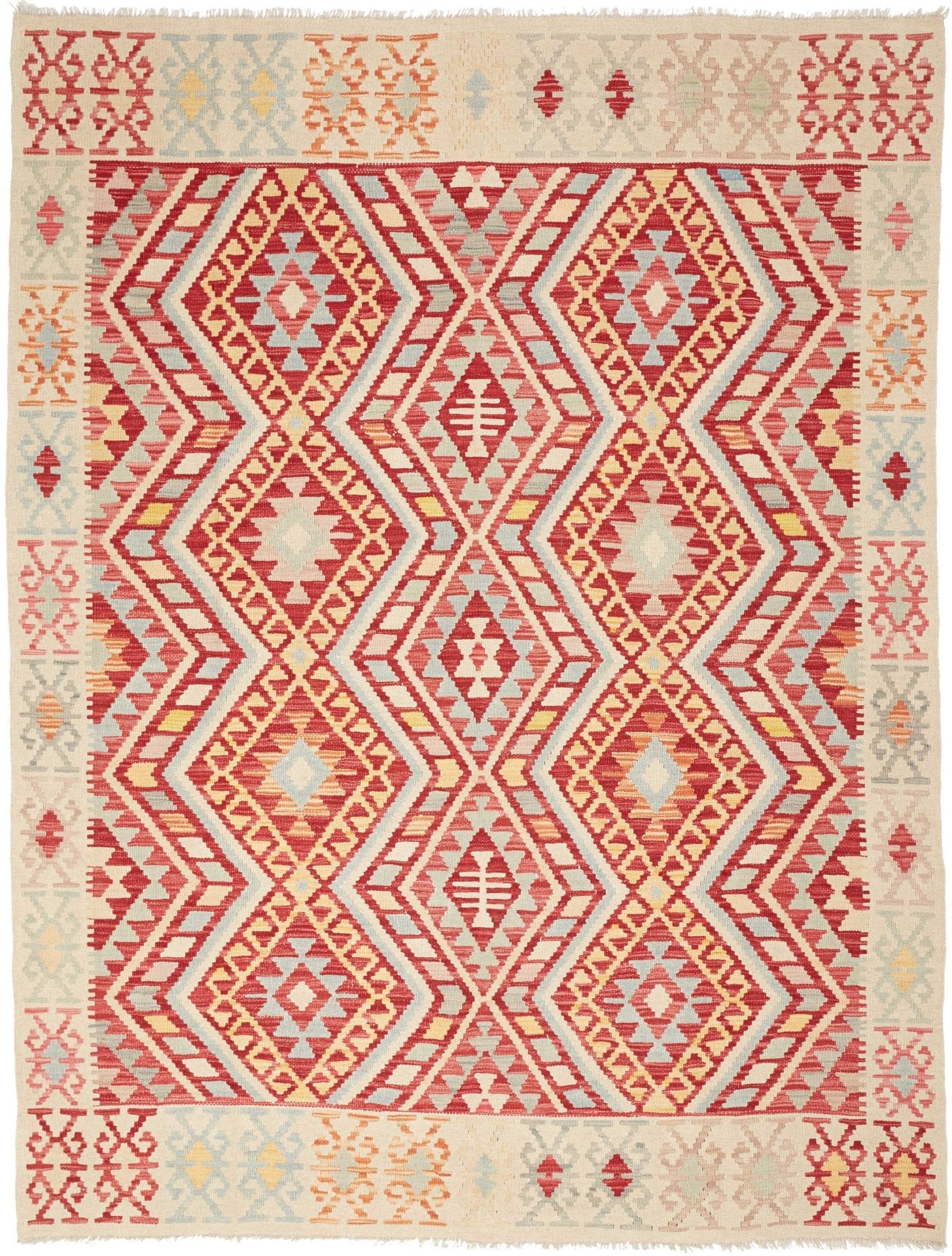 Kelim Teppich 185 x 242cm, handgewebt, rustikales Design, Wolle
