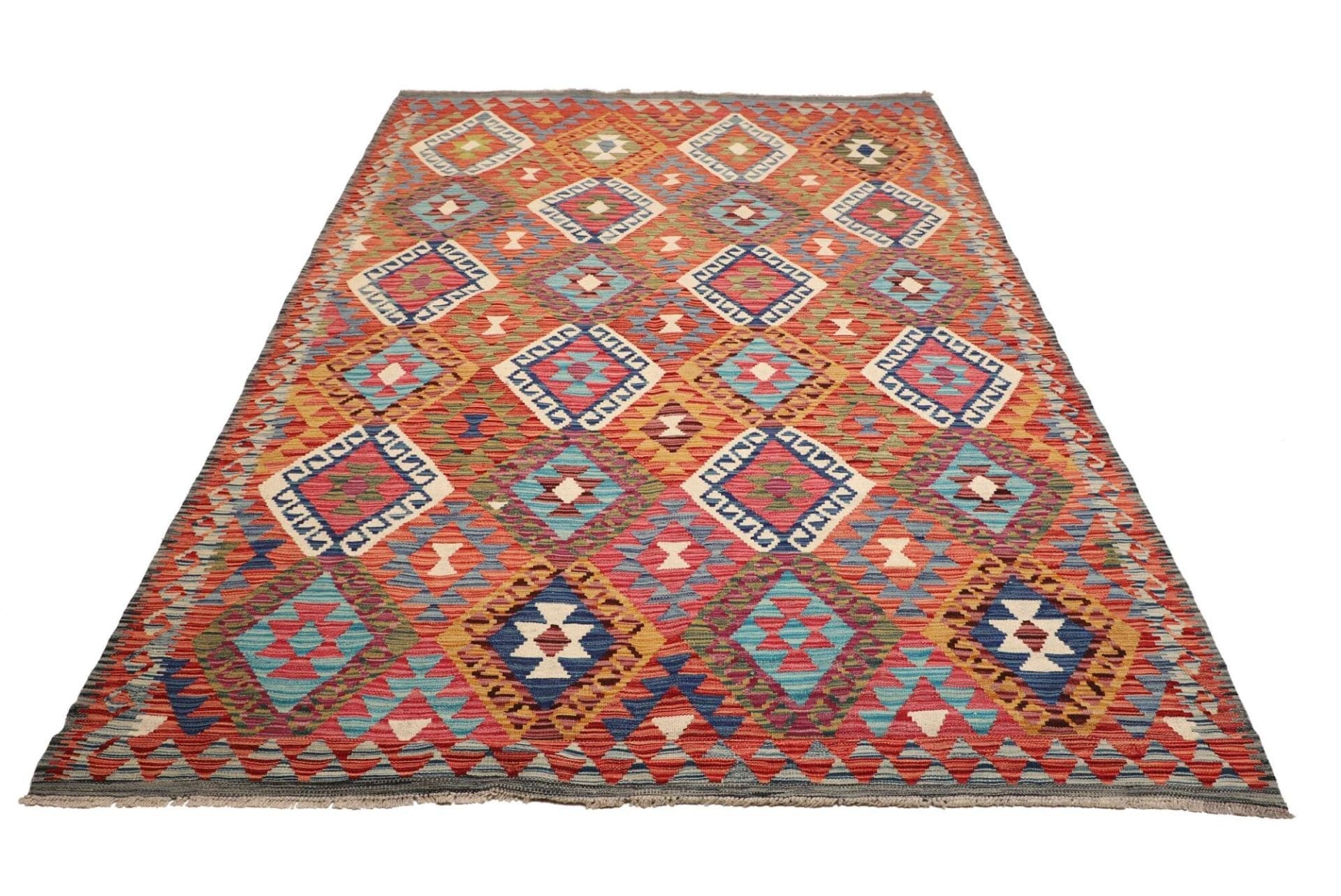 Kelim Teppich 184 x 251cm aus Schurwolle, handgewebt, rustikal