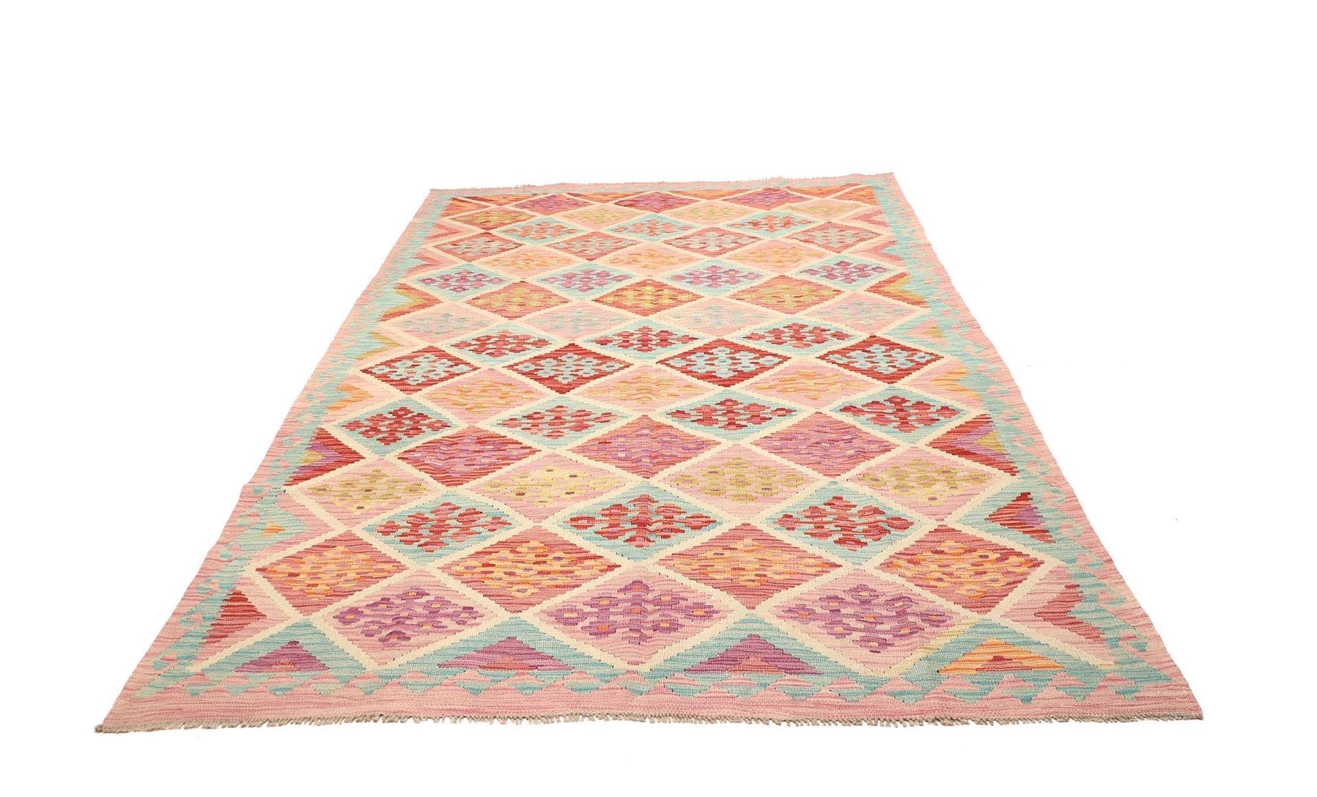 Kelim Teppich 183 x 242cm, handgewebt, rustikales Flair, Wolle