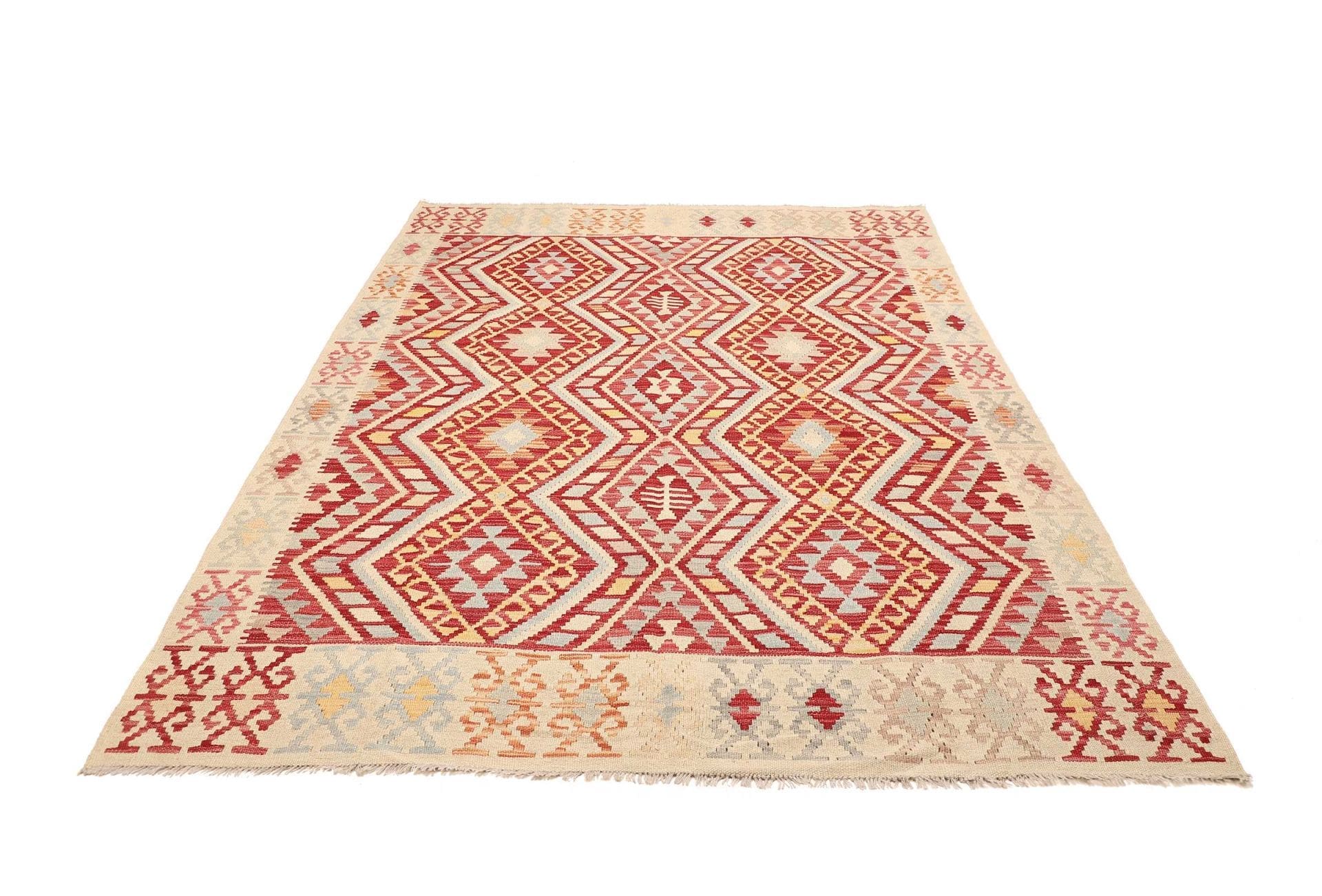 Kelim Teppich 185 x 242cm, handgewebt, rustikales Design, Wolle