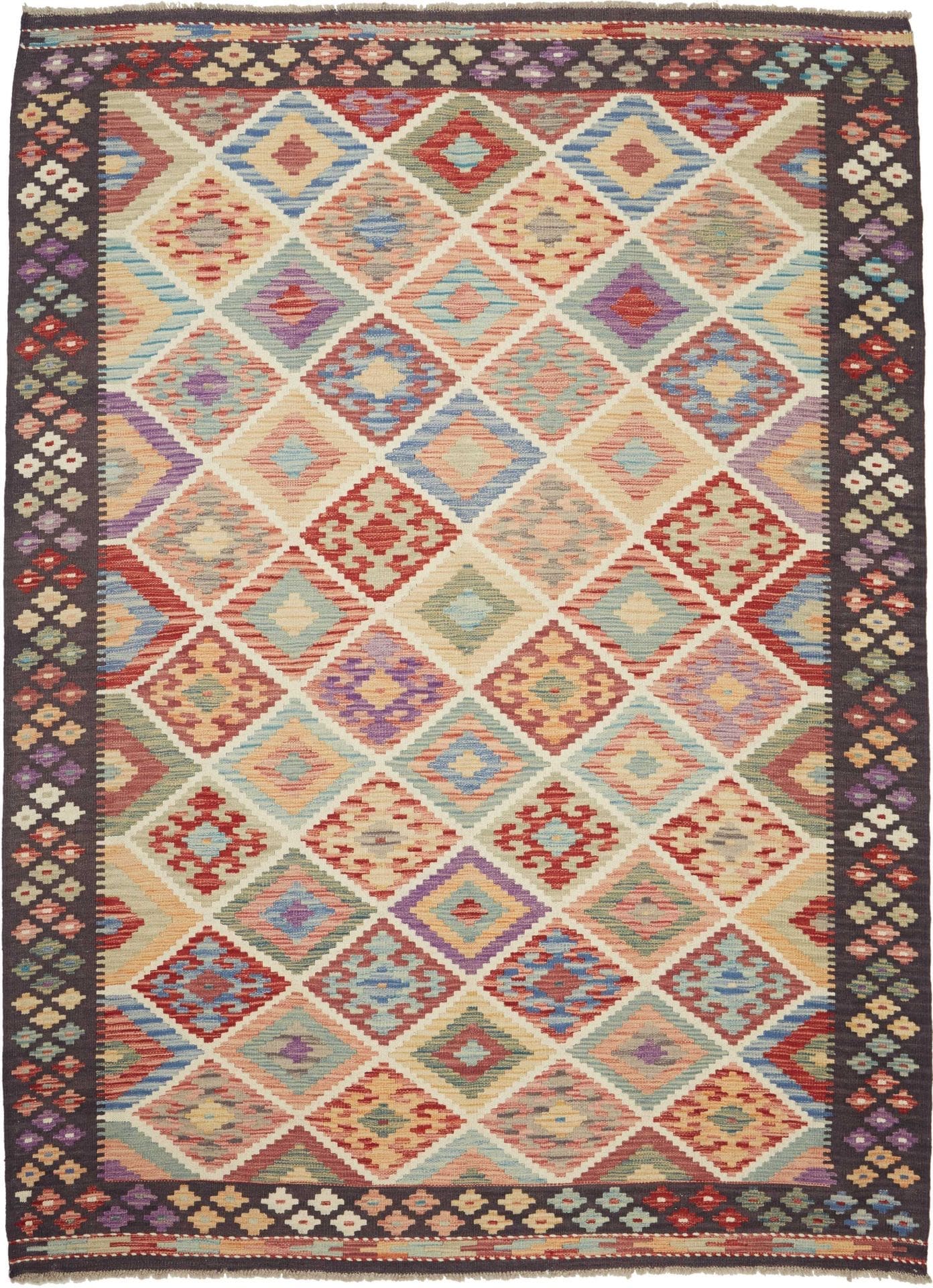 Kelim Teppich 183 x 240cm, handgewebt, rustikales Design, Wolle