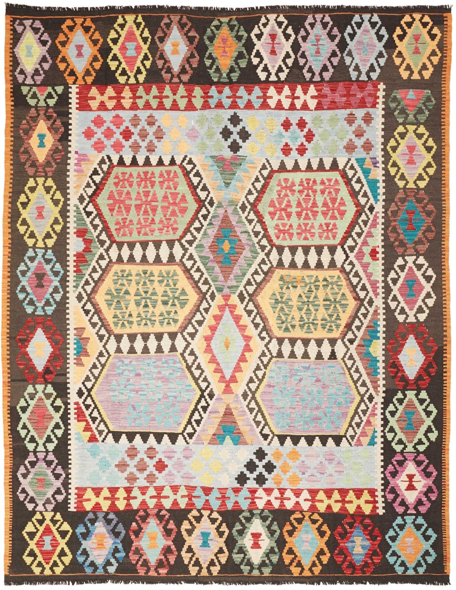 Kelim Teppich 187 x 233 cm, handgewebt, aus Schurwolle, rustikal