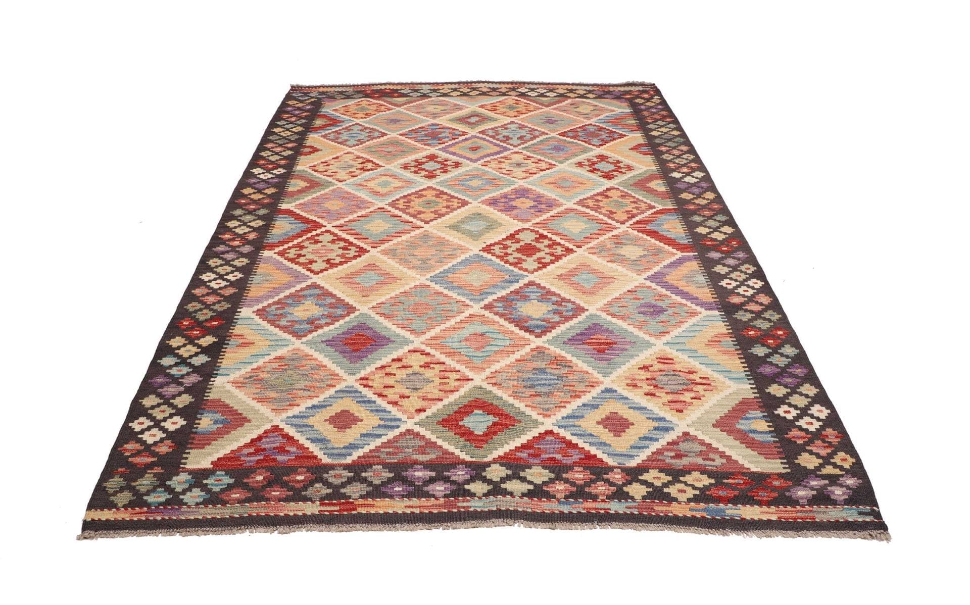 Kelim Teppich 183 x 240cm, handgewebt, rustikales Design, Wolle