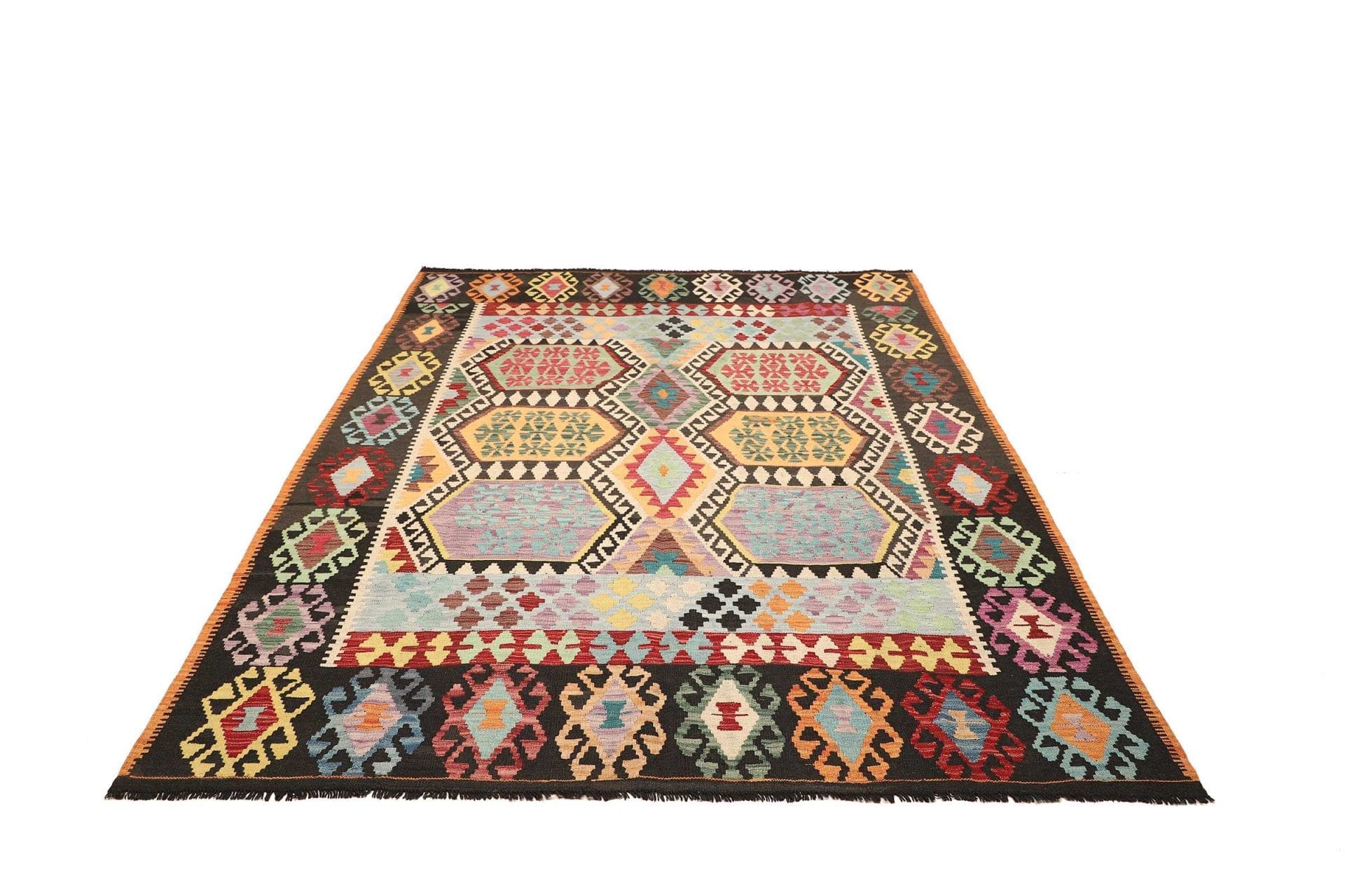 Kelim Teppich 187 x 233 cm, handgewebt, aus Schurwolle, rustikal