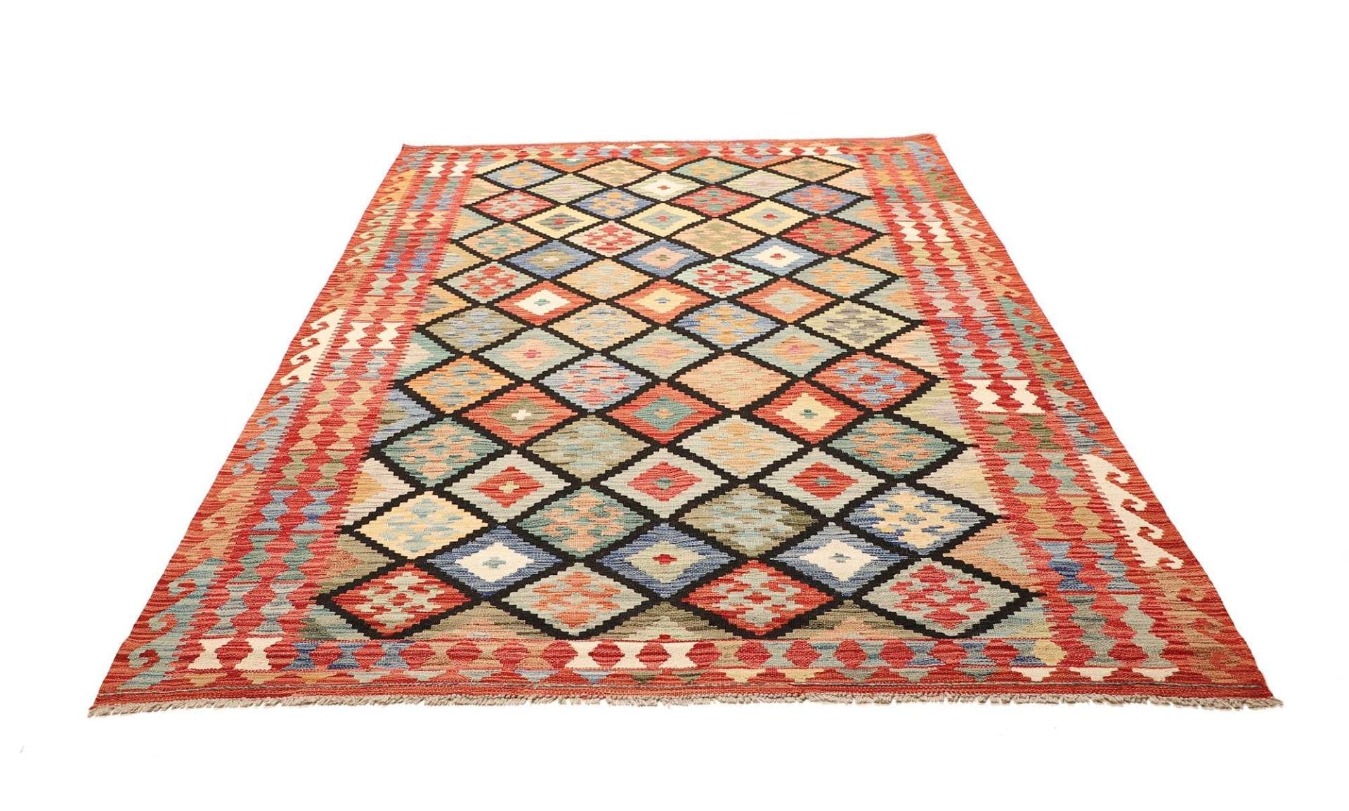 Kelim Teppich 182 x 251cm aus Schurwolle, handgewebt, rustikal