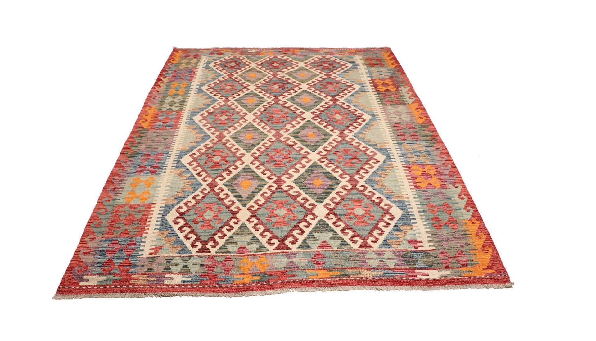 Kelim Teppich 183 x 243 cm aus Schurwolle, handgewebt, rustikal