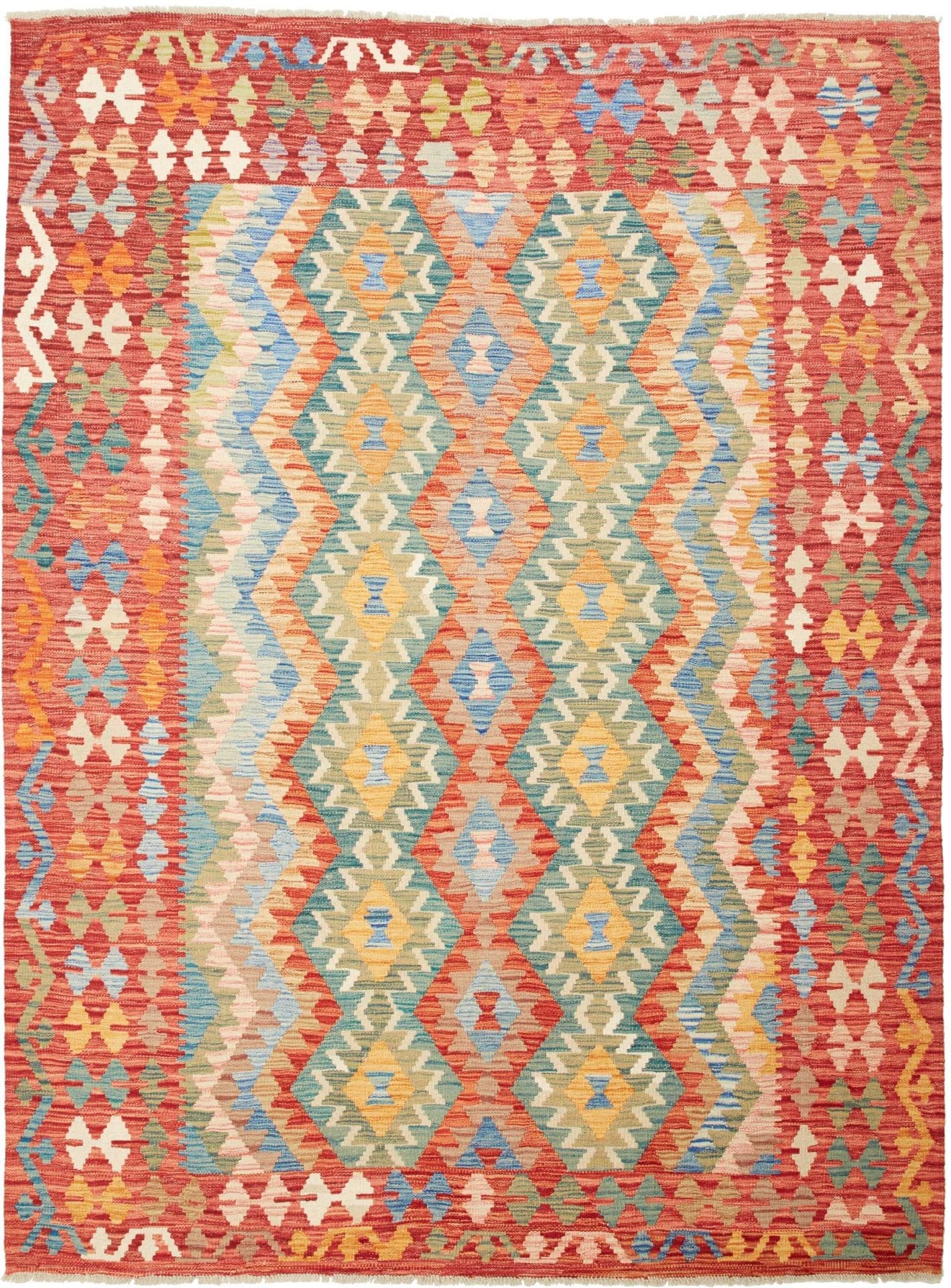 Kelim Teppich 184 x 243cm, Handgewebt, Schurwolle, Rustikales Flair