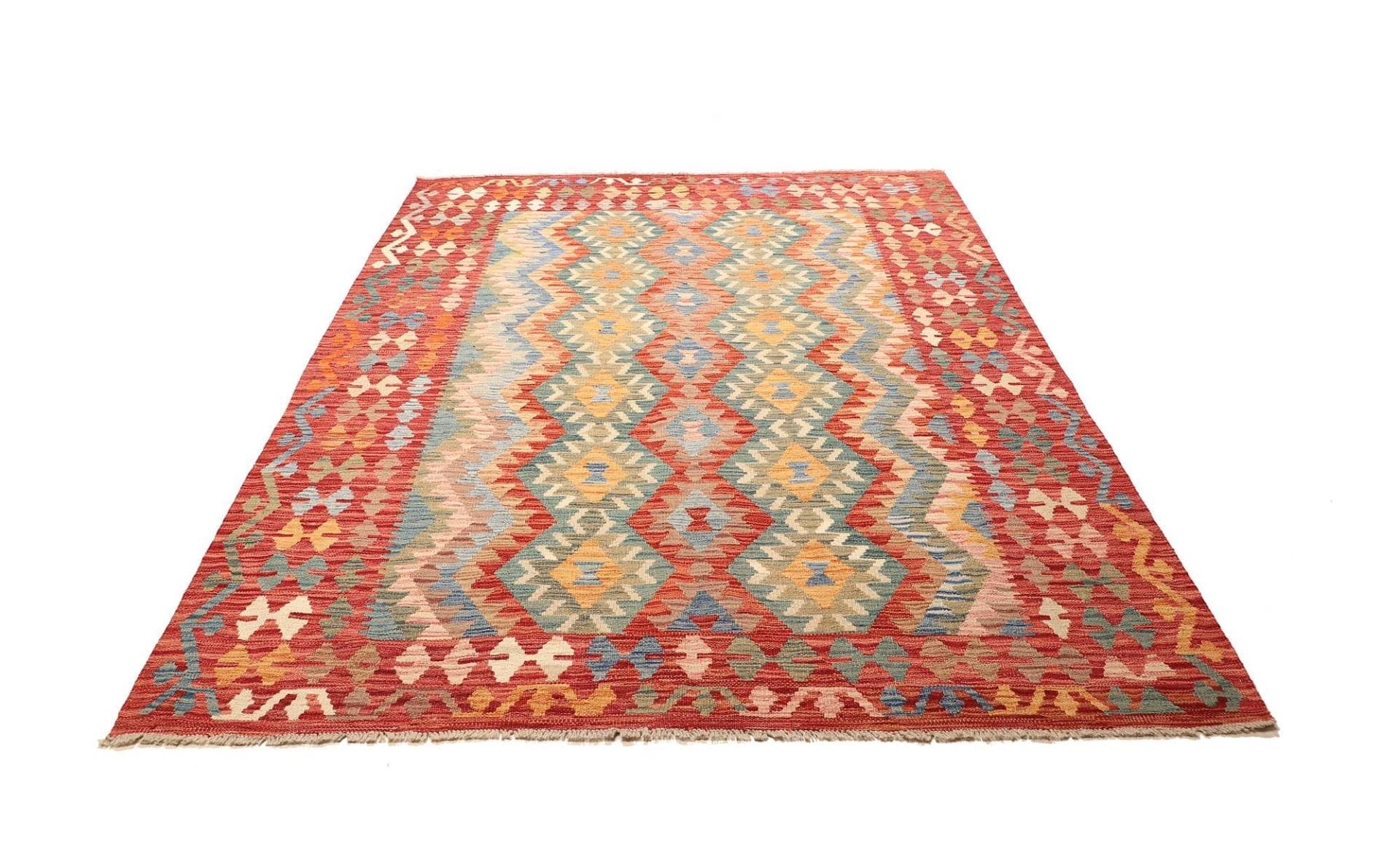 Kelim Teppich 184 x 243cm, Handgewebt, Schurwolle, Rustikales Flair