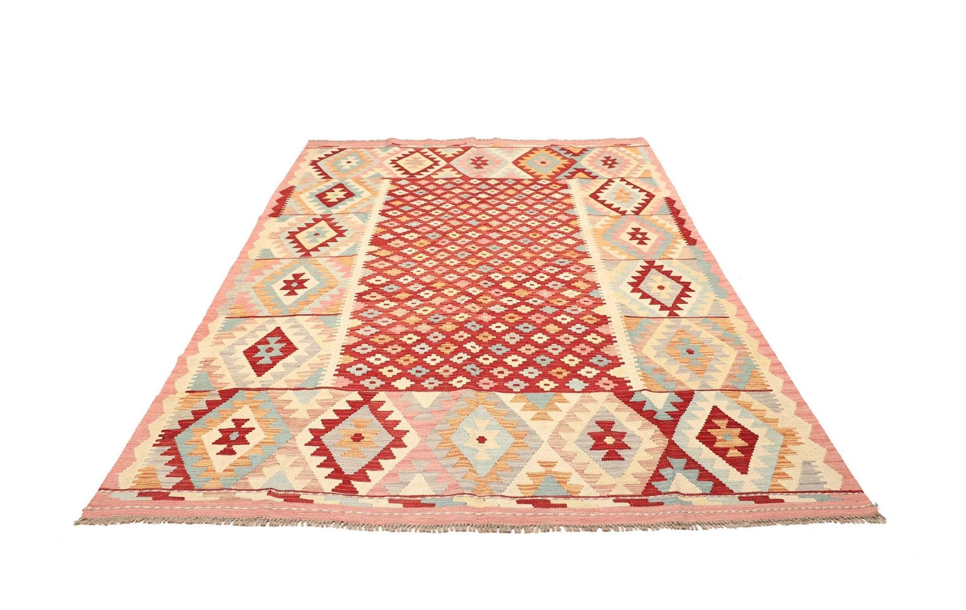 Kelim Teppich 183 x 244cm, handgewebt, rustikales Design aus Wolle