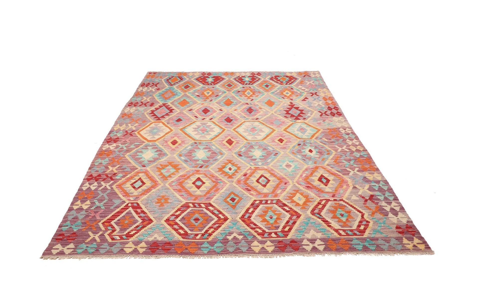 Kelim Teppich 184 x 246cm, handgewebt, rustikales Flair aus Wolle