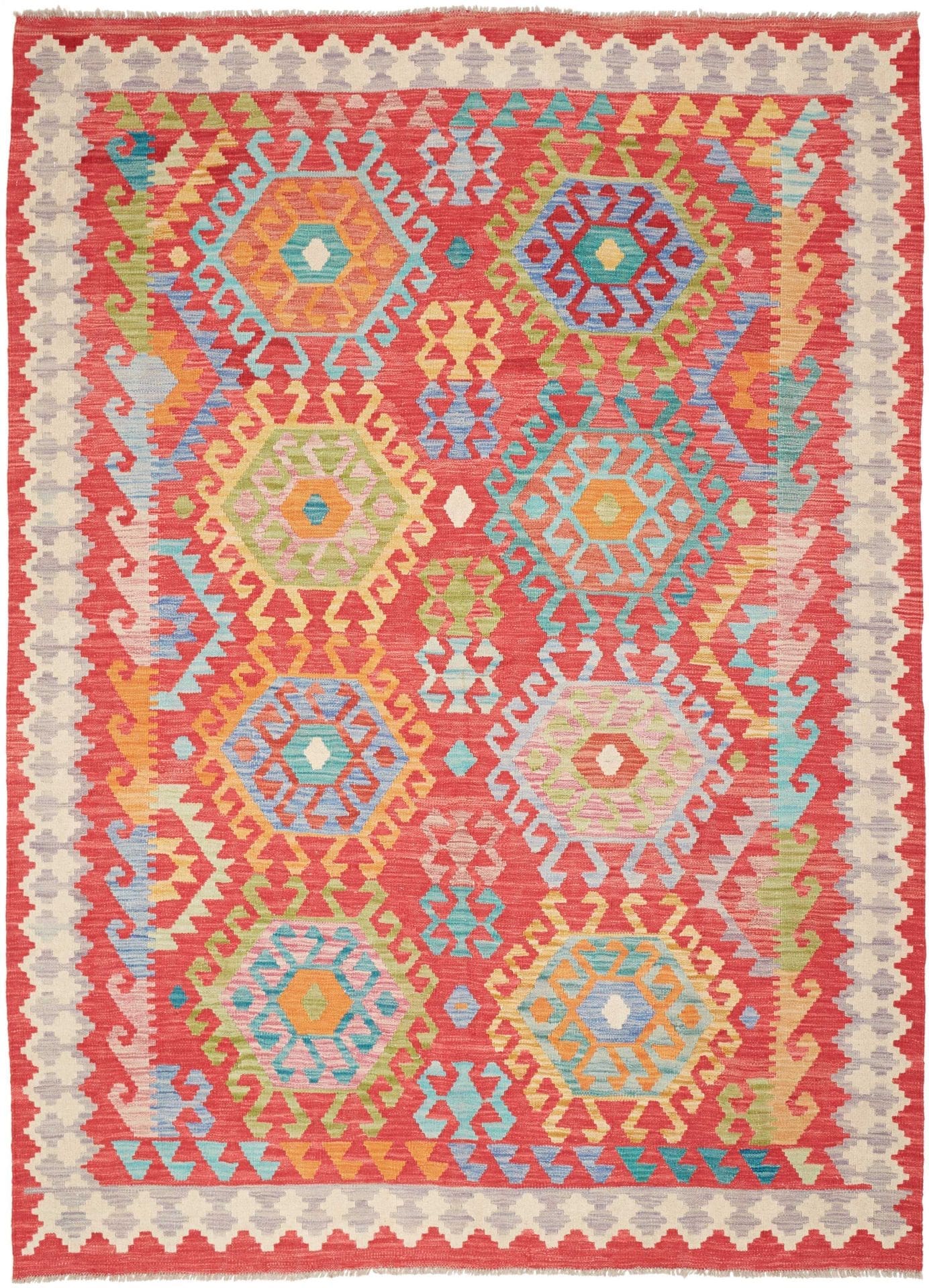 Kelim Teppich 188 x 253 cm in Schurwolle handgewebt rustikal