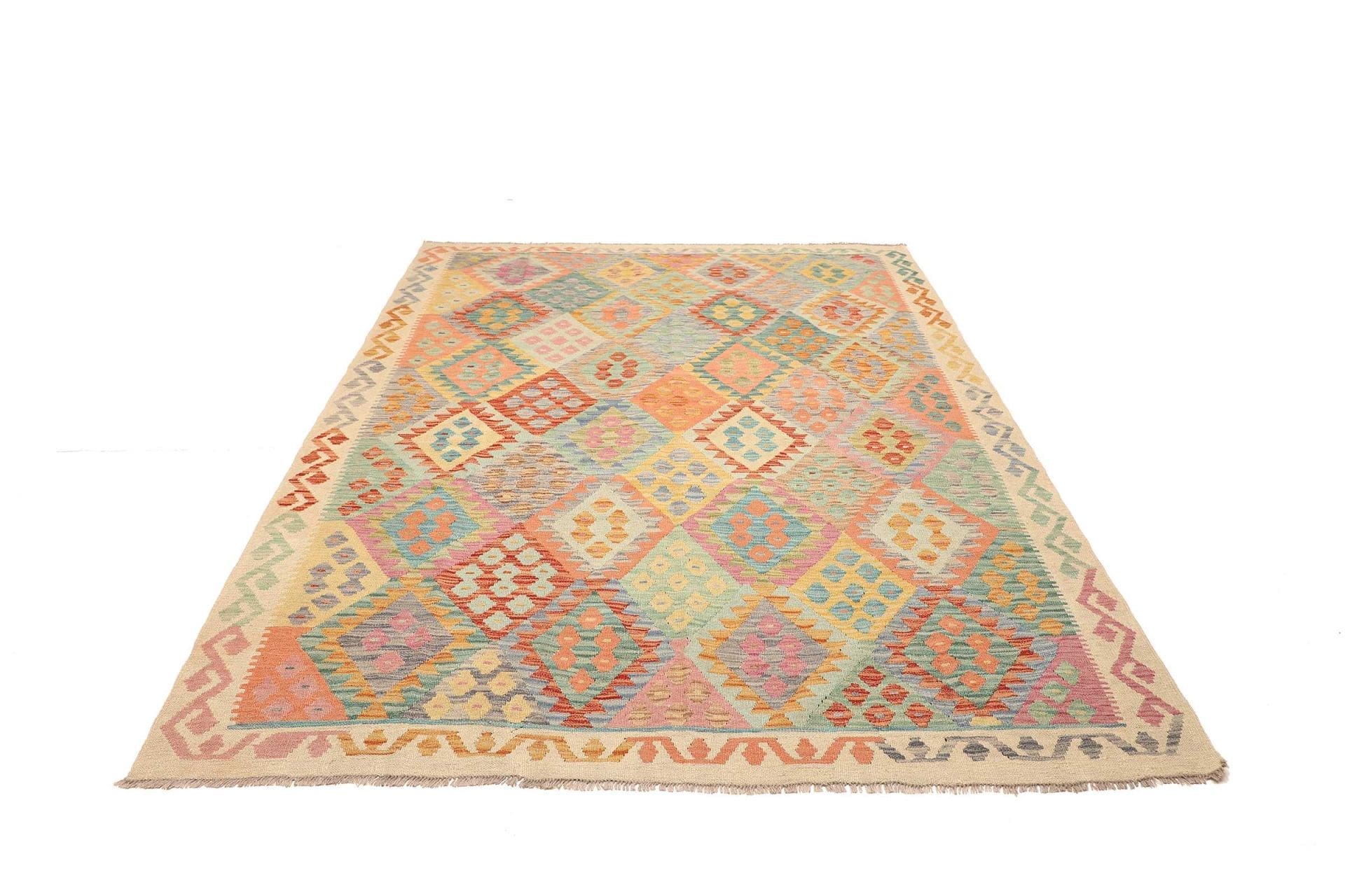 Kelim Teppich 186 x 235 cm aus Schurwolle, handgewebt, rustikales Flair