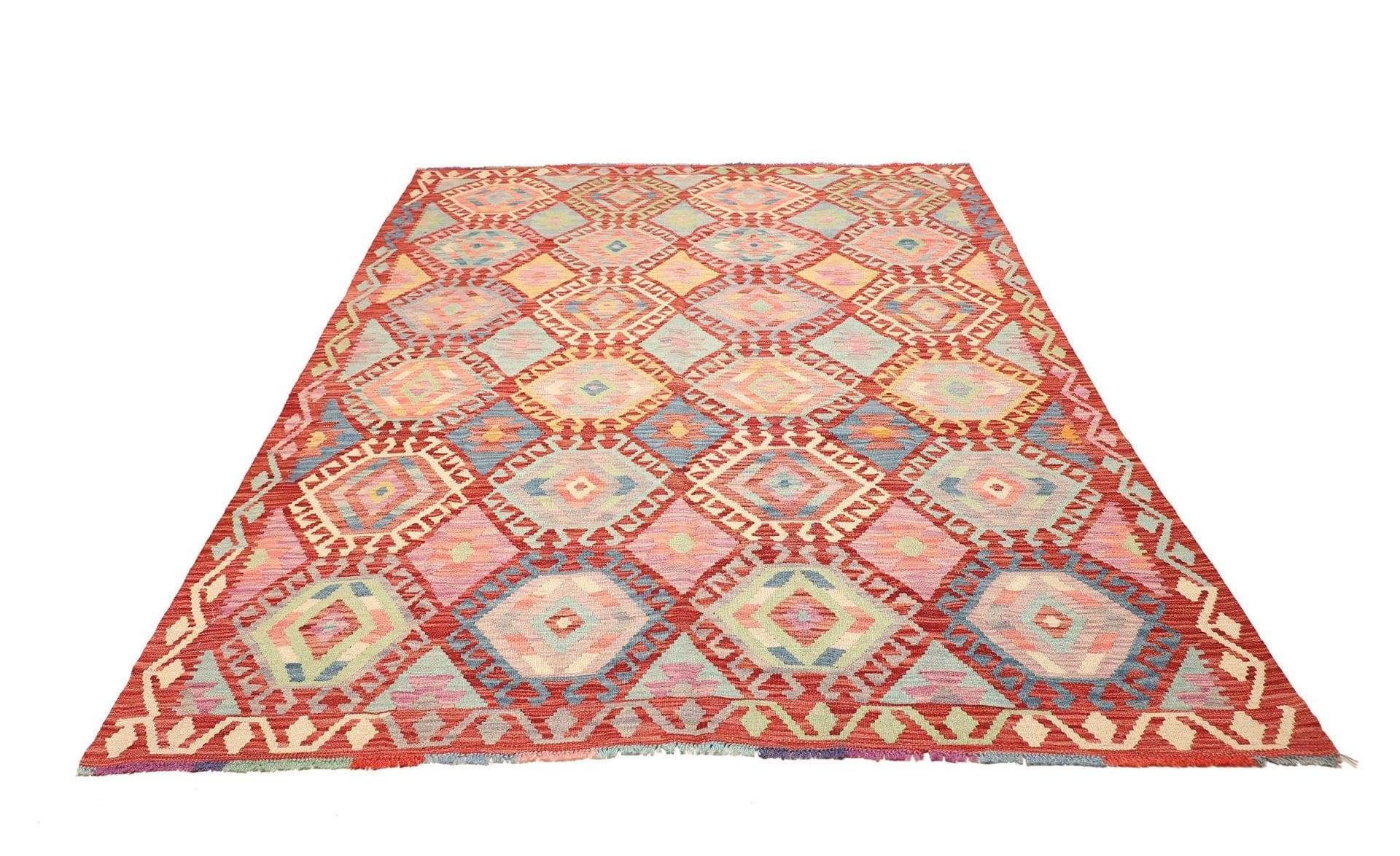 Kelim Teppich 182 x 242cm, handgewebt, rustikales Flair, Wolle
