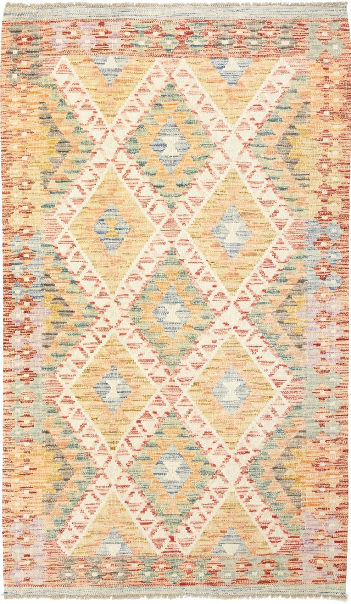 Kelim Teppich 111 x 187 cm aus Schurwolle, handgewebt, rustikales Flair