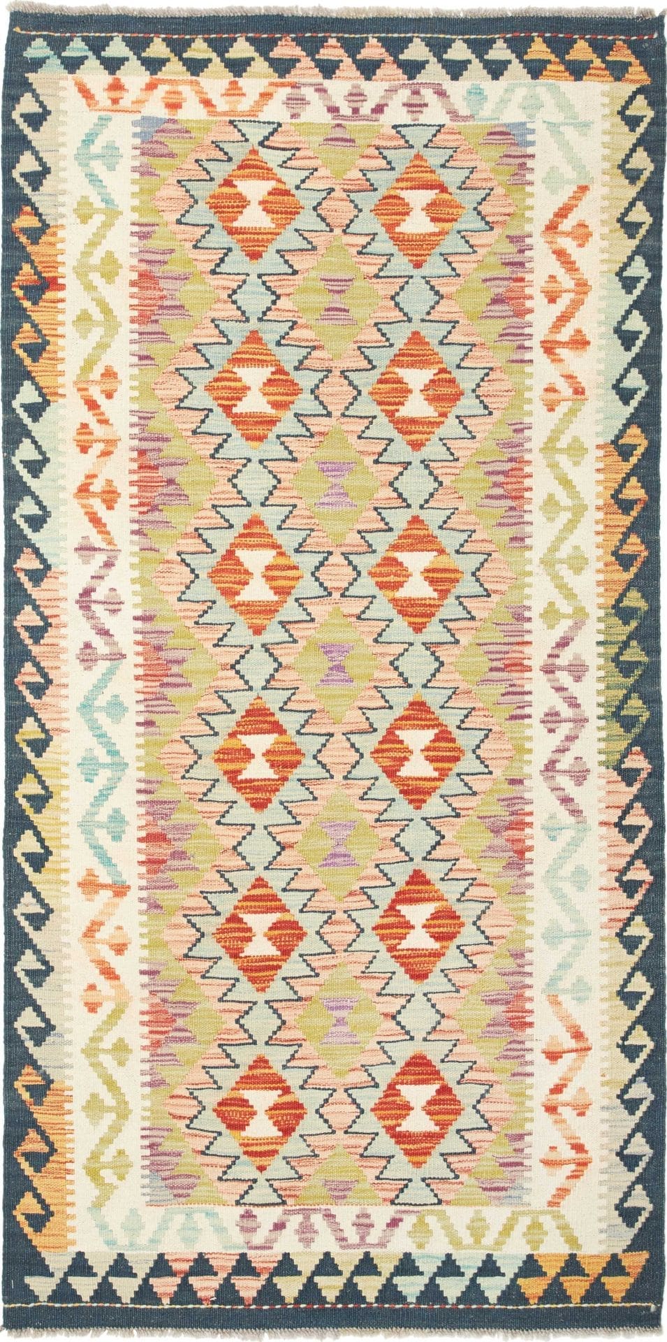 Kelim Teppich 103 x 196cm aus Schurwolle, handgewebt, rustikal