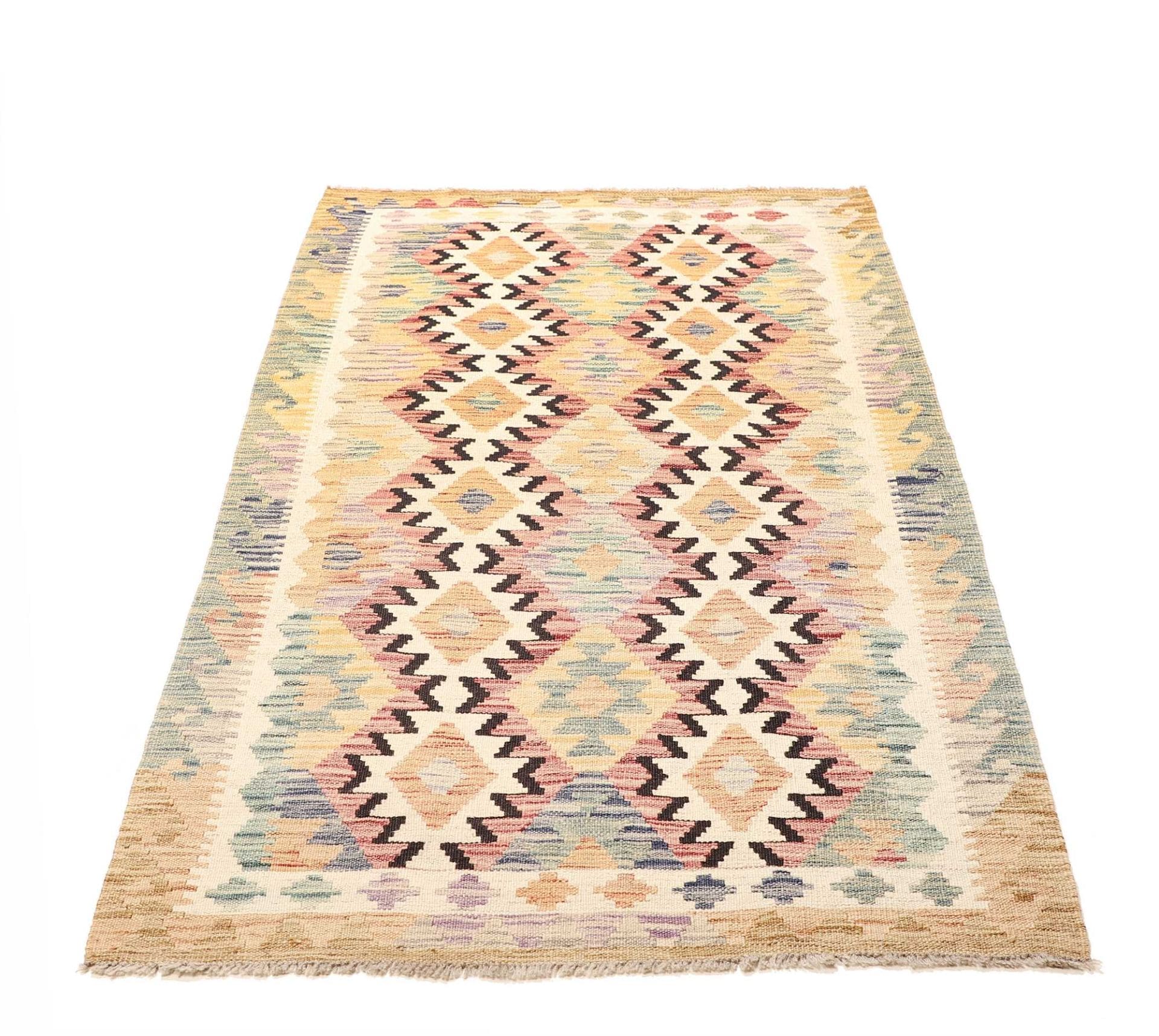 Kelim Teppich 107 x 187 cm aus Schurwolle, handgewebt, rustikal