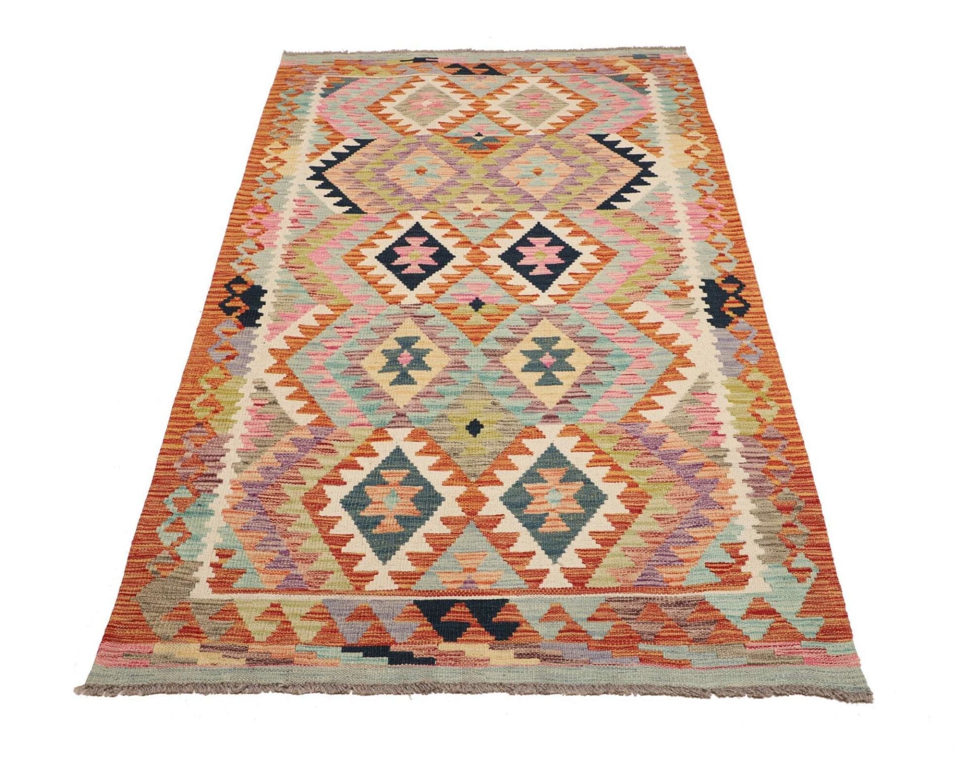 Kelim Teppich 106 x 194cm aus Schurwolle, handgewebt, rustikales Flair