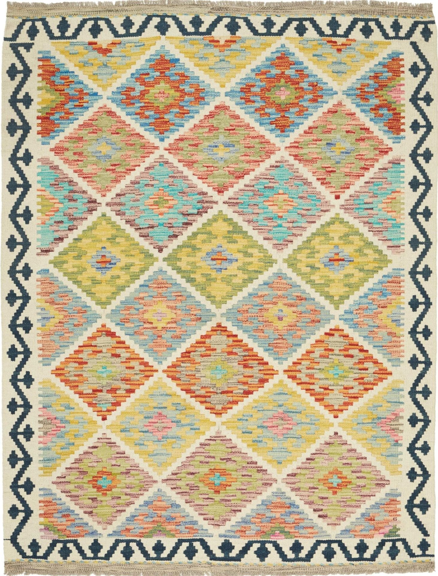 Kelim Teppich 129 x 168cm, handgewebt, rustikales Flair, Wolle