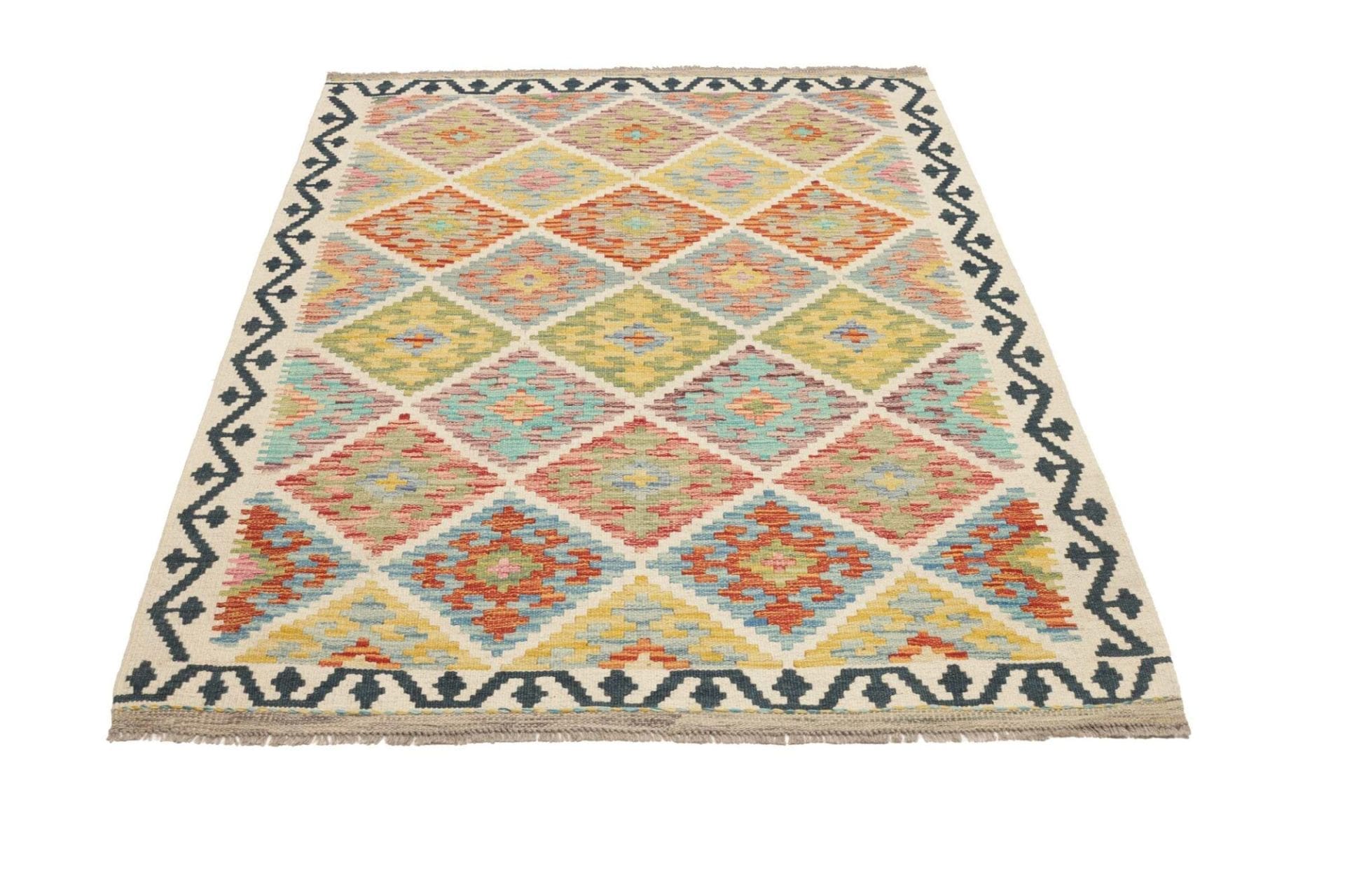 Kelim Teppich 129 x 168cm, handgewebt, rustikales Flair, Wolle