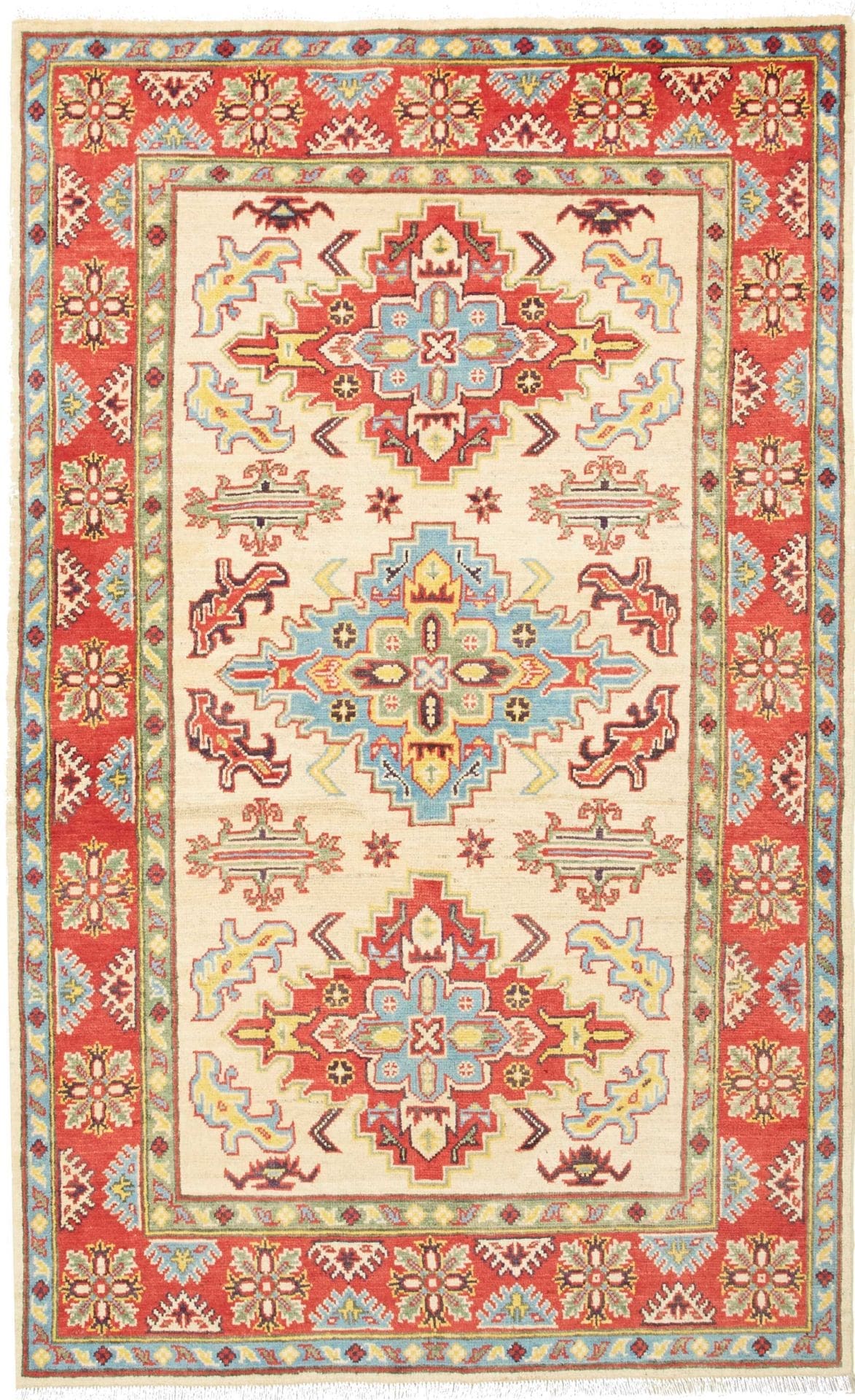 Kazak Teppich 121 x 192 cm, geometrische Muster, handgeknüpft