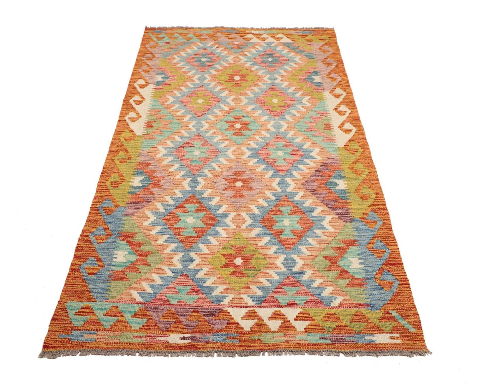 Kelim Teppich 105 x 201cm aus Schurwolle, handgewebt, rustikal