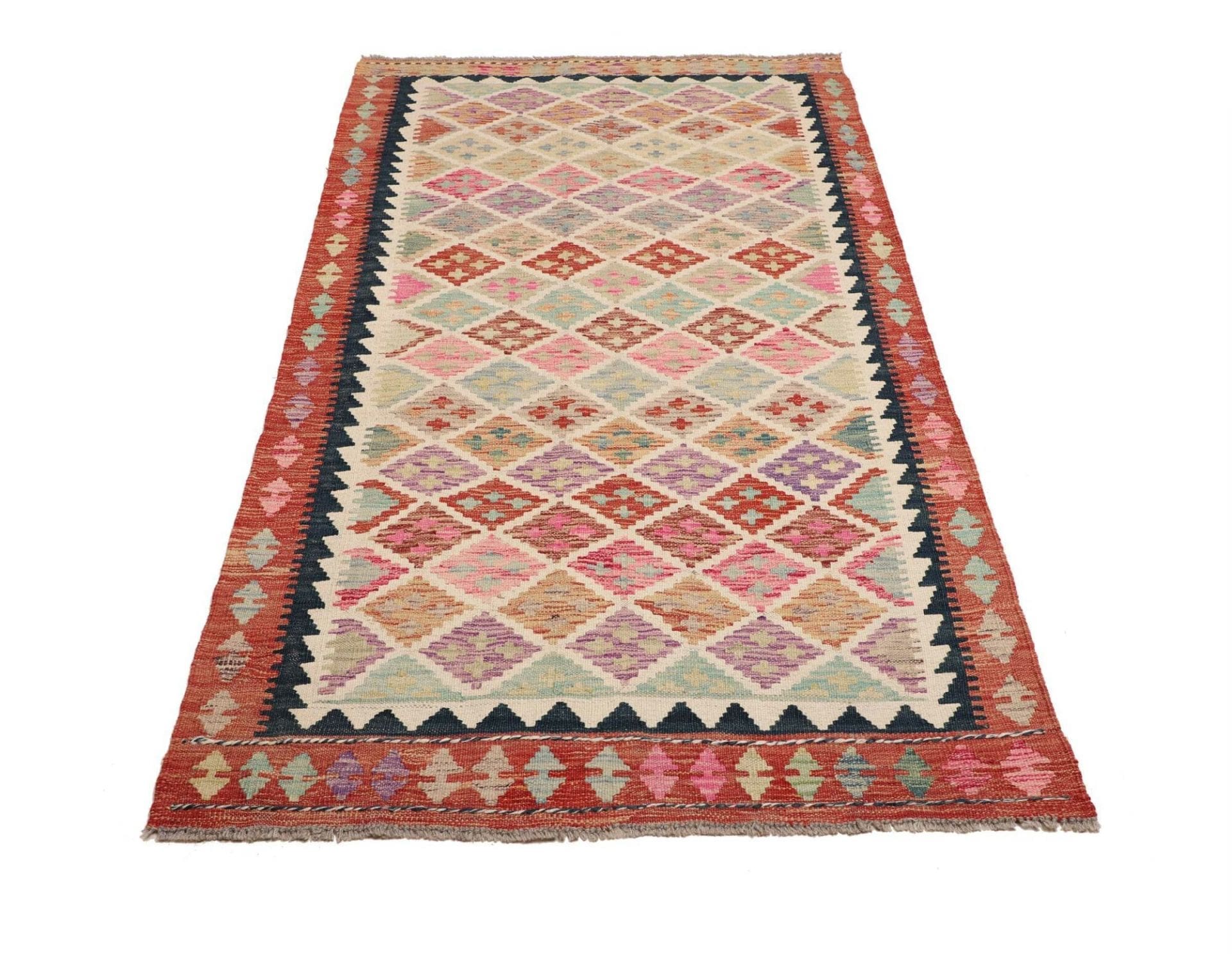 Handgewebter Kelim Teppich 108 x 203cm aus Schurwolle, rustikal