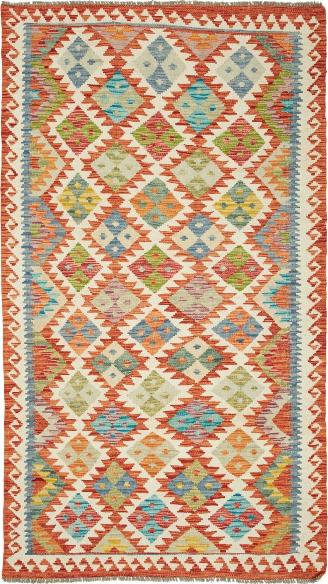 Kelim Teppich 113 x 202cm, handgewebt, rustikales Flair, Wolle