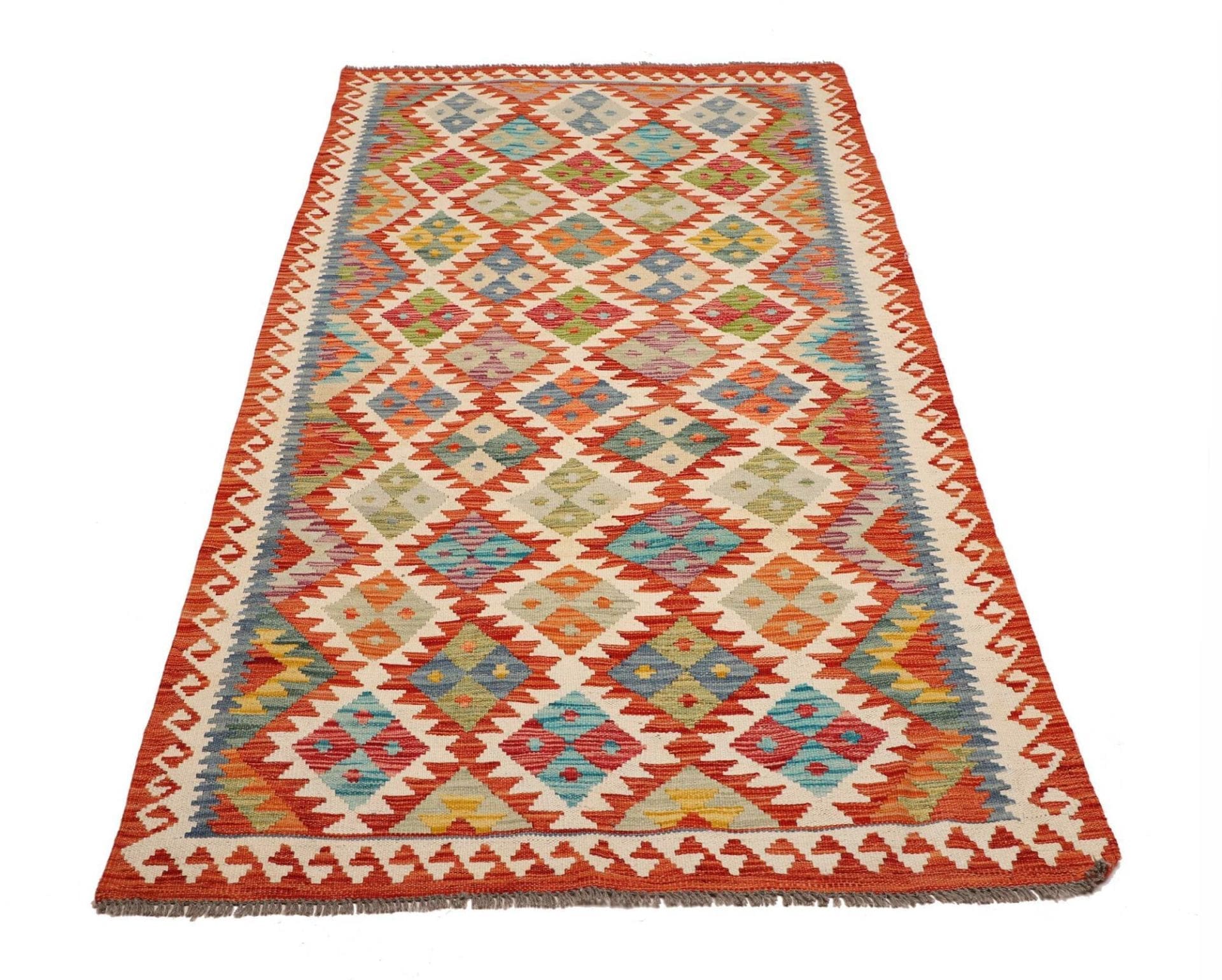 Kelim Teppich 113 x 202cm, handgewebt, rustikales Flair, Wolle