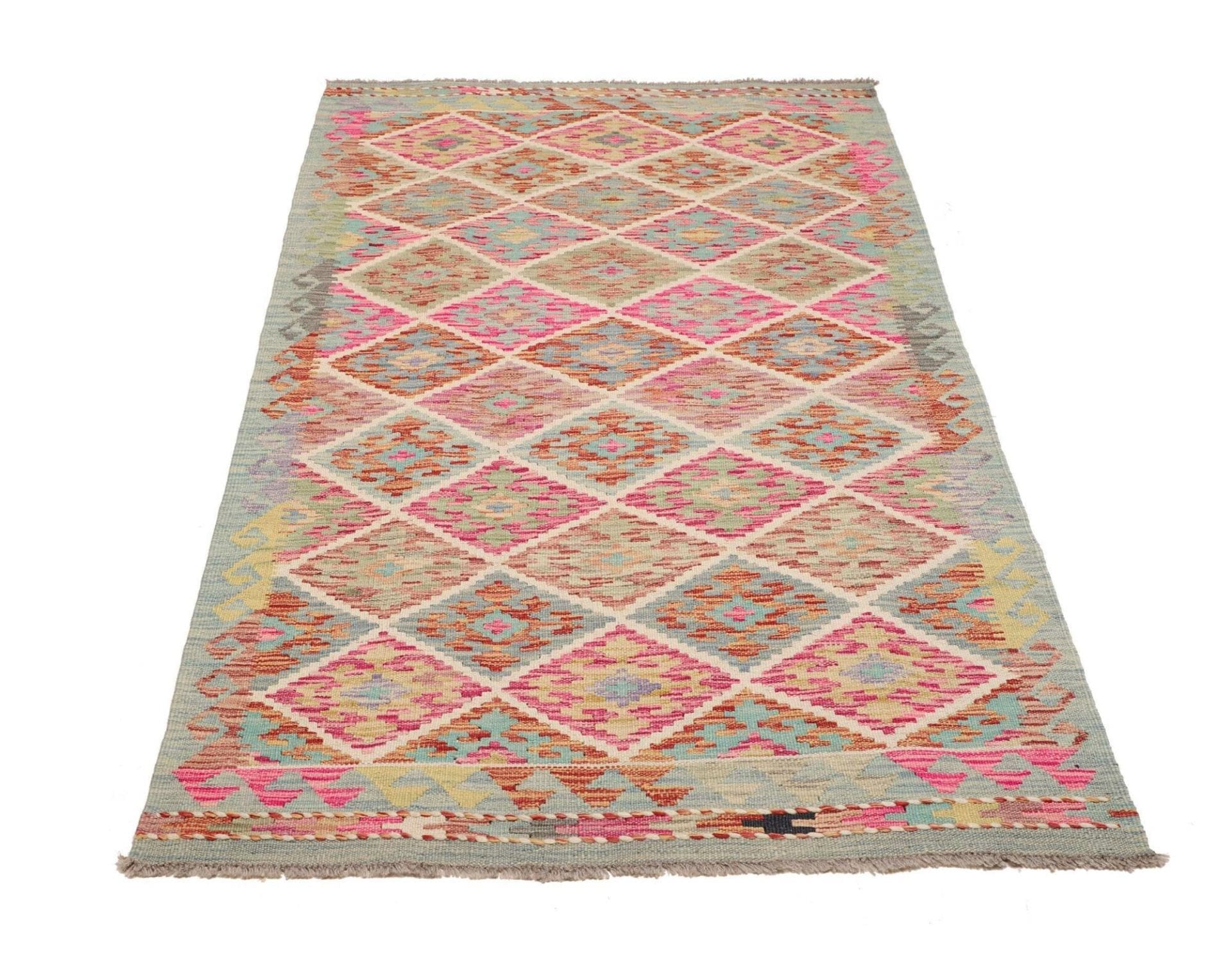 Kelim Teppich 103 x 194cm, Schurwolle, handgewebt, rustikales Flair