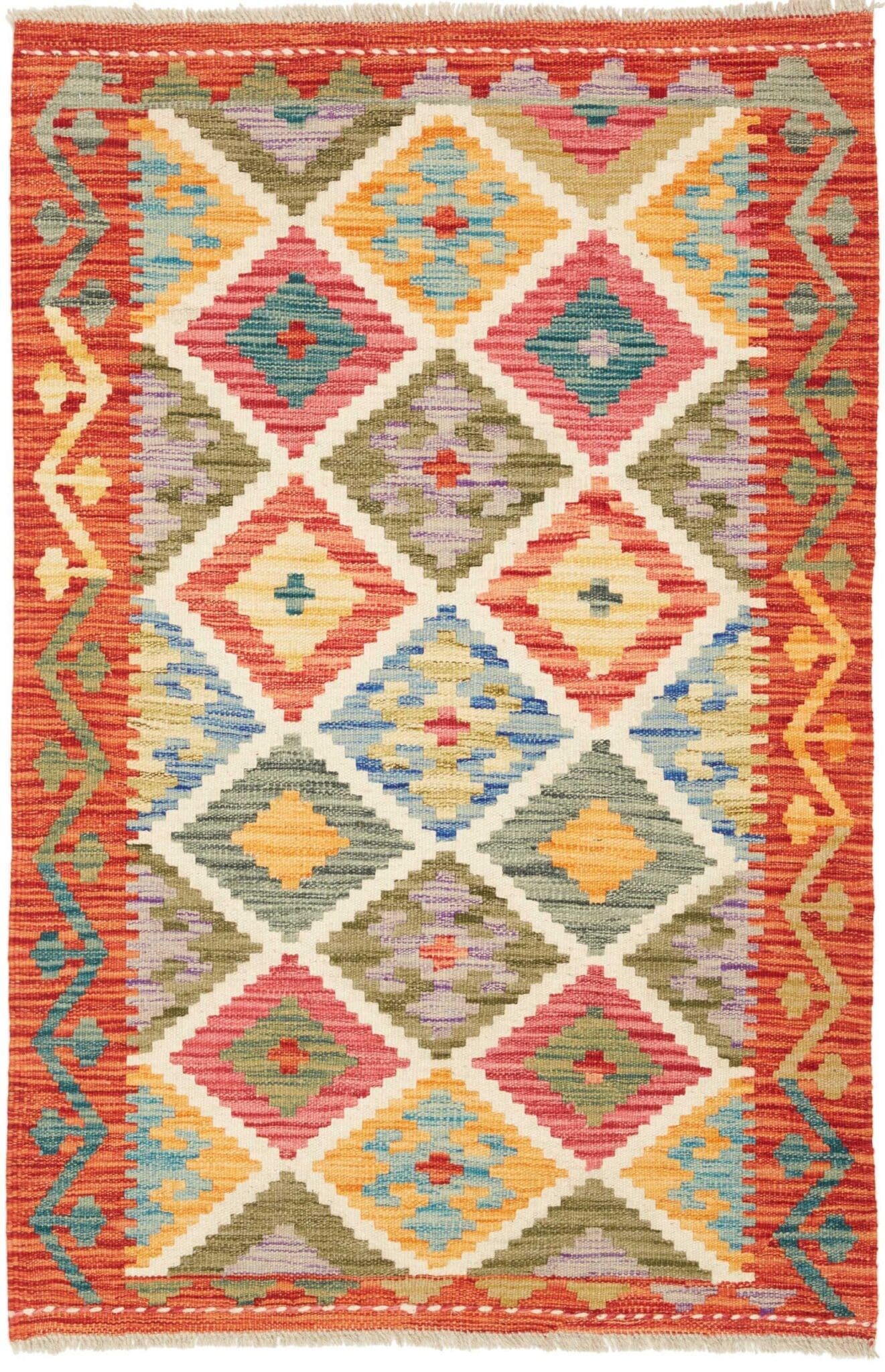 Kelim Teppich 87 x 128cm, handgewebt, rustikales Design, Wolle